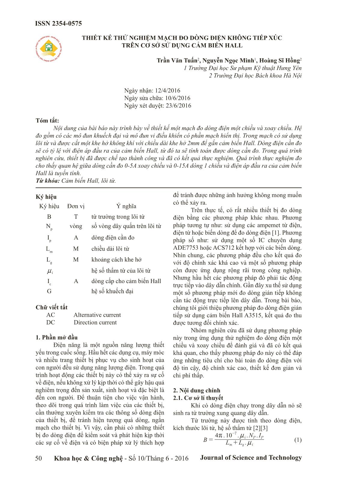 Thiết kế thử nghiệm mạch đo dòng điện không tiếp xúc trên cơ sở sử dụng cảm biến Hall trang 1