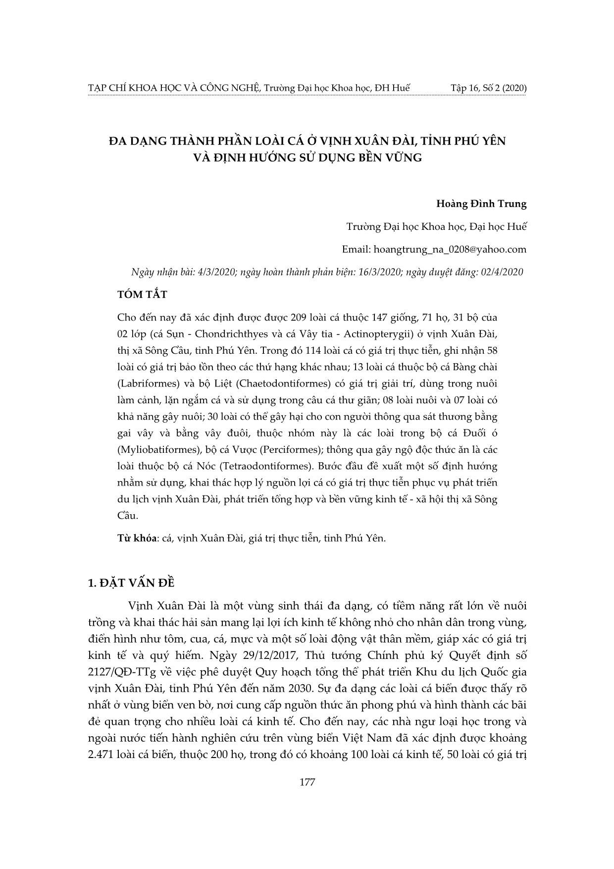 Đa dạng thành phần loài cá ở vịnh Xuân Đài, tỉnh Phú Yên và định hướng sử dụng bền vững trang 1