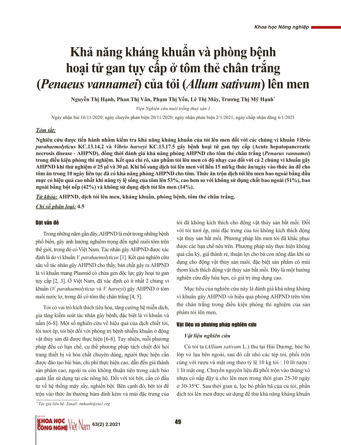 Khả năng kháng khuẩn và phòng bệnh hoại tử gan tụy cấp ở tôm thẻ chân trắng (Penaeus vannamei) của tỏi (Allum sativum) lên men trang 1