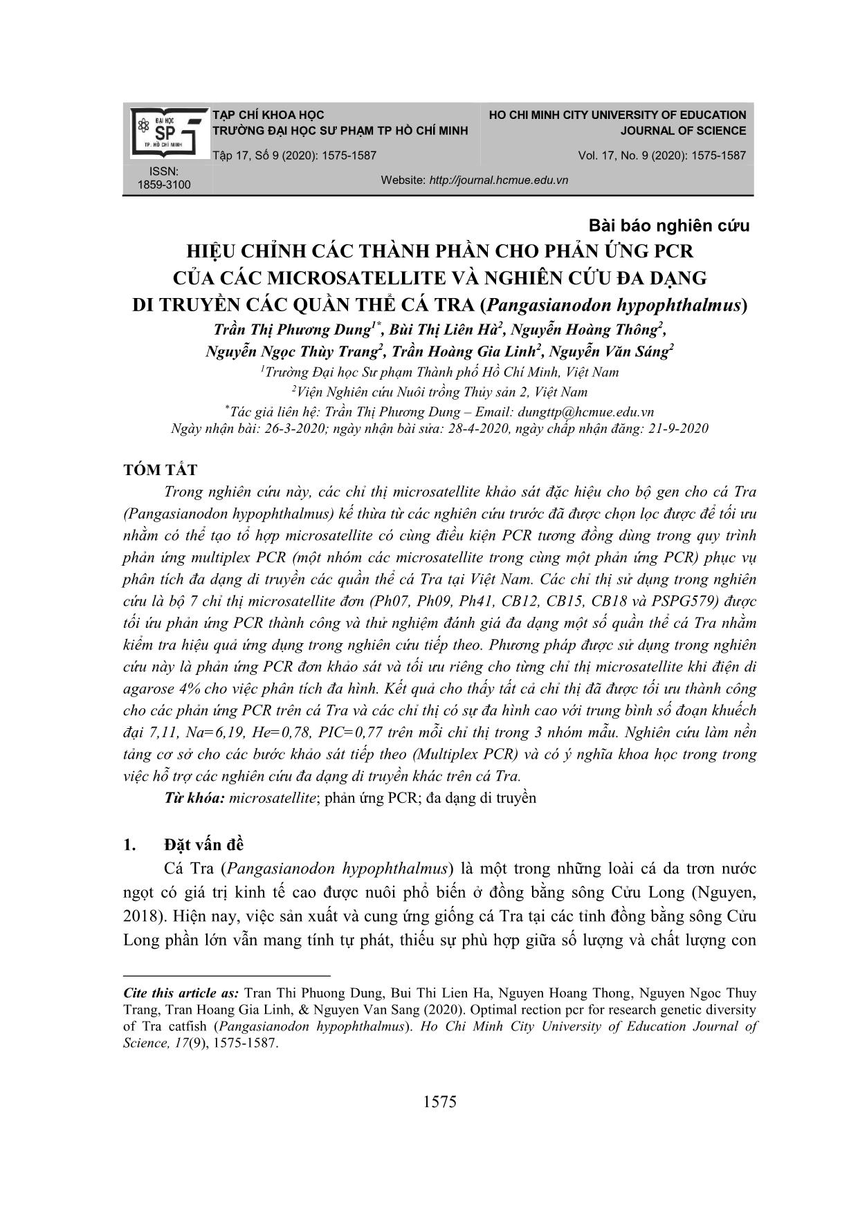 Hiệu chỉnh các thành phần cho phản ứng PCR của các microsatellite và nghiên cứu đa dạng di truyền các quần thể cá tra (Pangasianodon hypophthalmus) trang 1