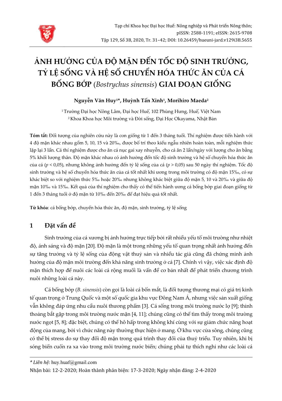 Ảnh hưởng của độ mặn đến tốc độ sinh trưởng, tỷ lệ sống và hệ số chuyển hóa thức ăn của cá bống bớp (Bostrychus sinensis) giai đoạn giống trang 1