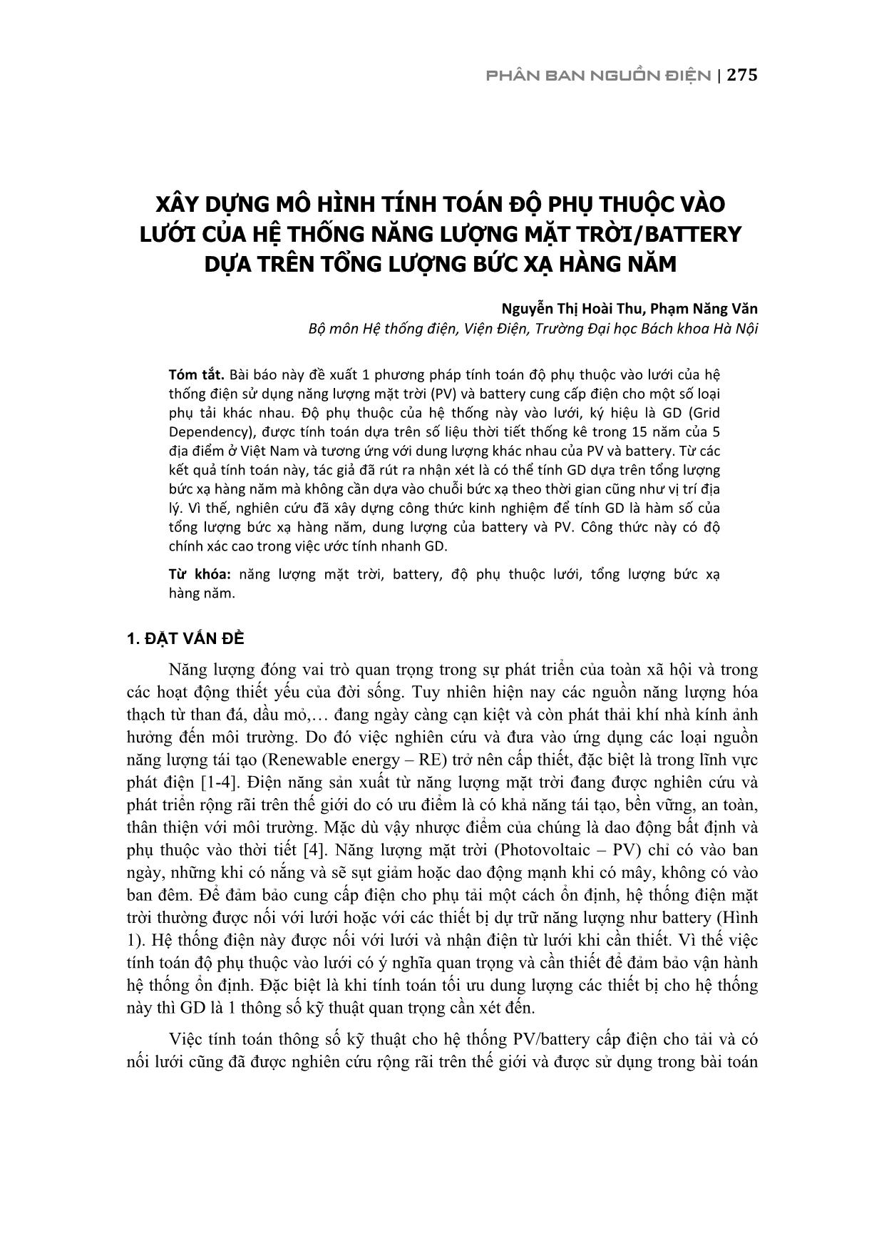Xây dựng mô hình tính toán độ phụ thuộc vào lưới của hệ thống năng lượng mặt trời/battery dựa trên tổng lượng bức xạ hàng năm trang 1