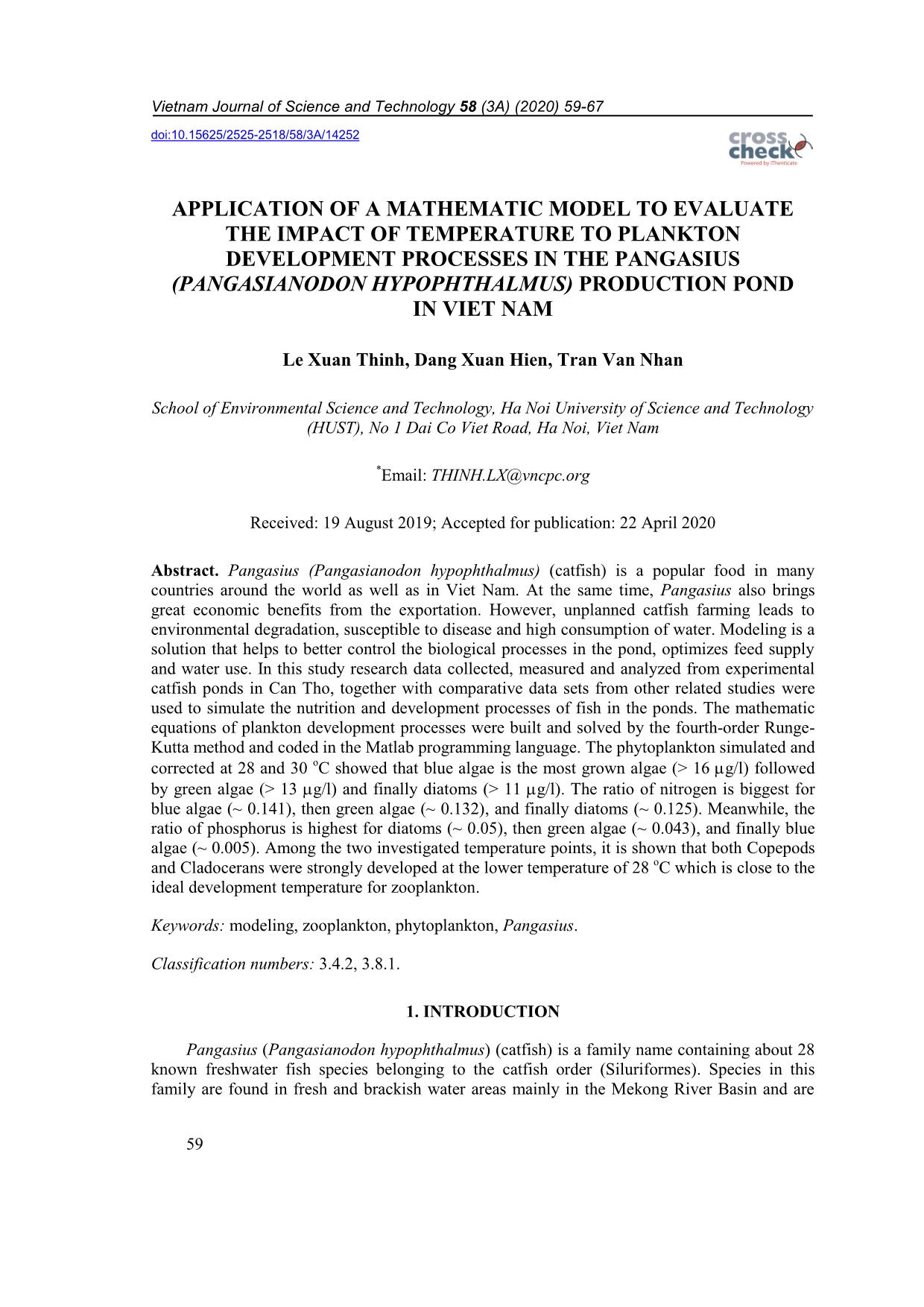 Application of a mathematic model to evaluate the impact of temperature to plankton development processes in the pangasius (Pangasianodon hypophthalmus) production pond in Viet Nam trang 1