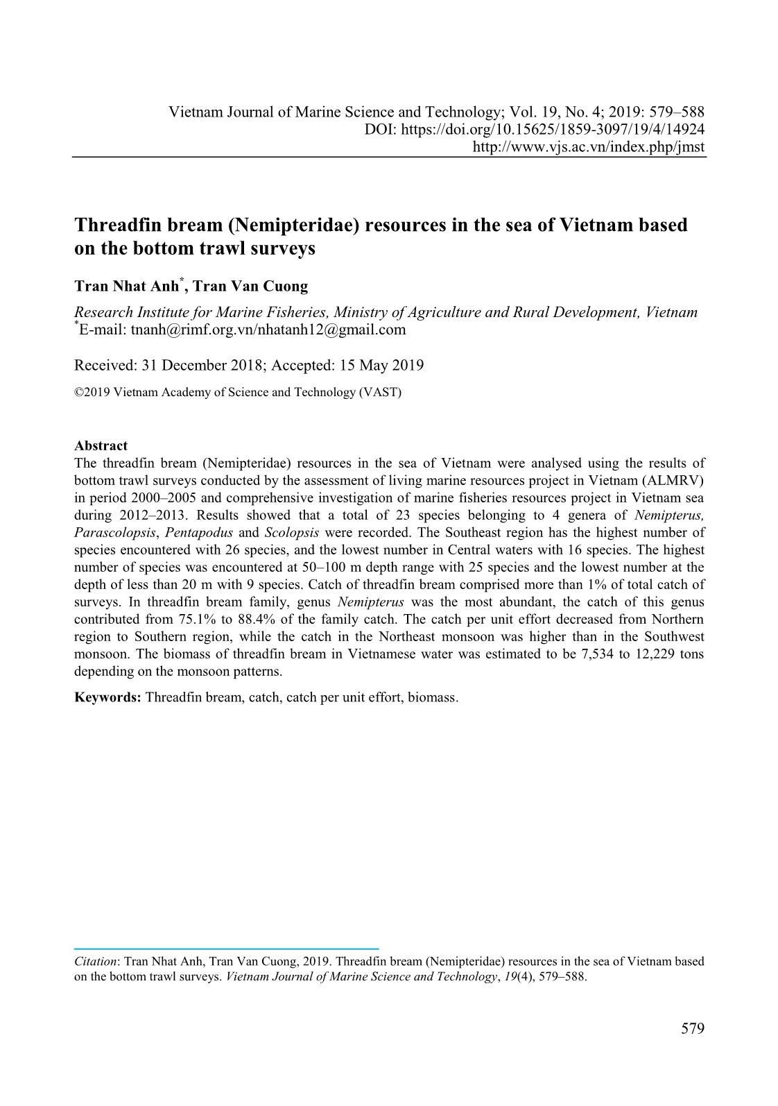 Threadfin bream (Nemipteridae) resources in the sea of Vietnam based on the bottom trawl surveys trang 1