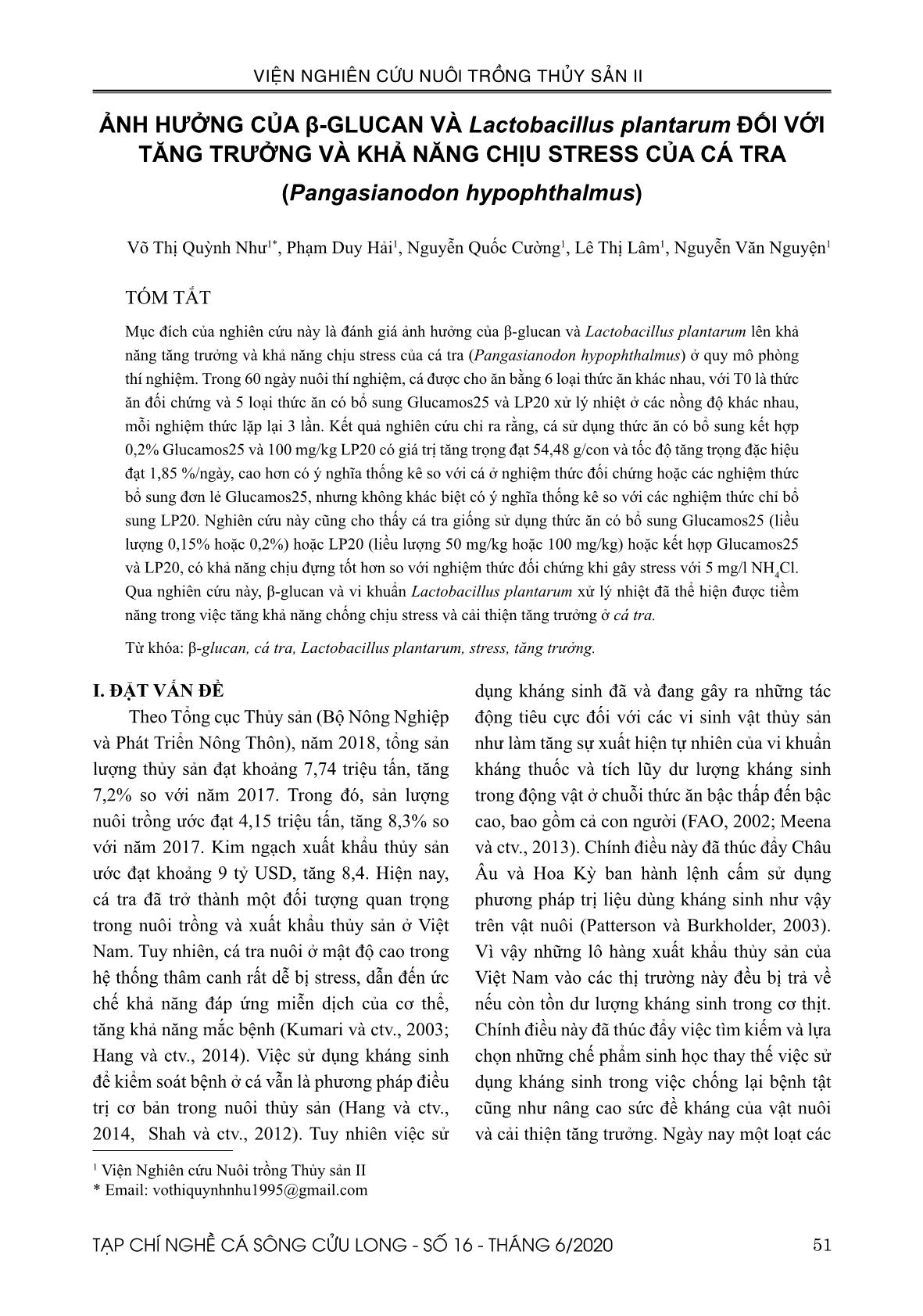 Ảnh hưởng của β-Glucan và Lactobacillus plantarum đối với tăng trưởng và khả năng chịu stress của cá tra (Pangasianodon hypophthalmus) trang 1