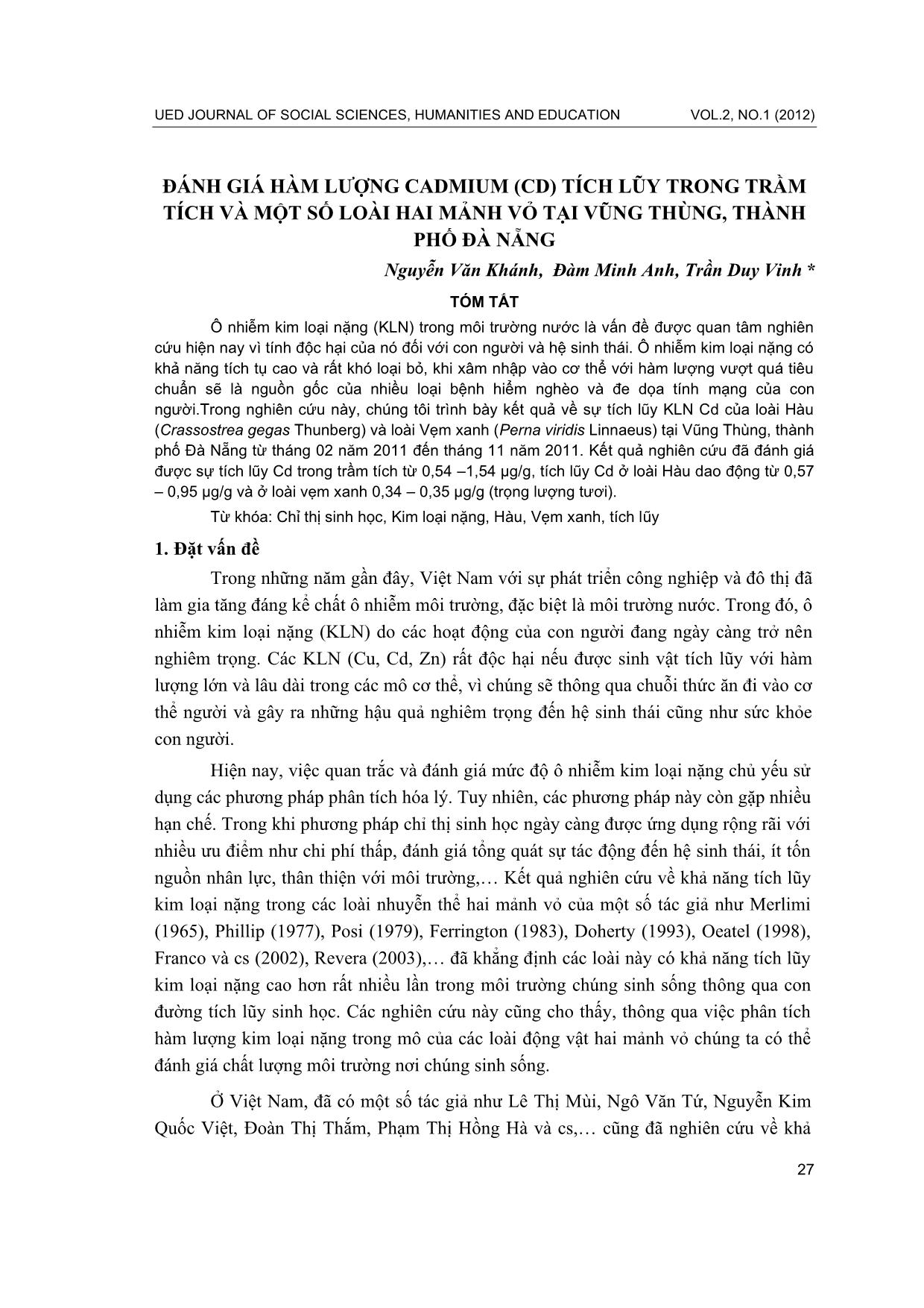 Đánh giá hàm lượng cadmium (CD) tích lũy trong trầm tích và một số loài hai mảnh vỏ tại Vũng Thùng, thành phố Đà Nẵng trang 1
