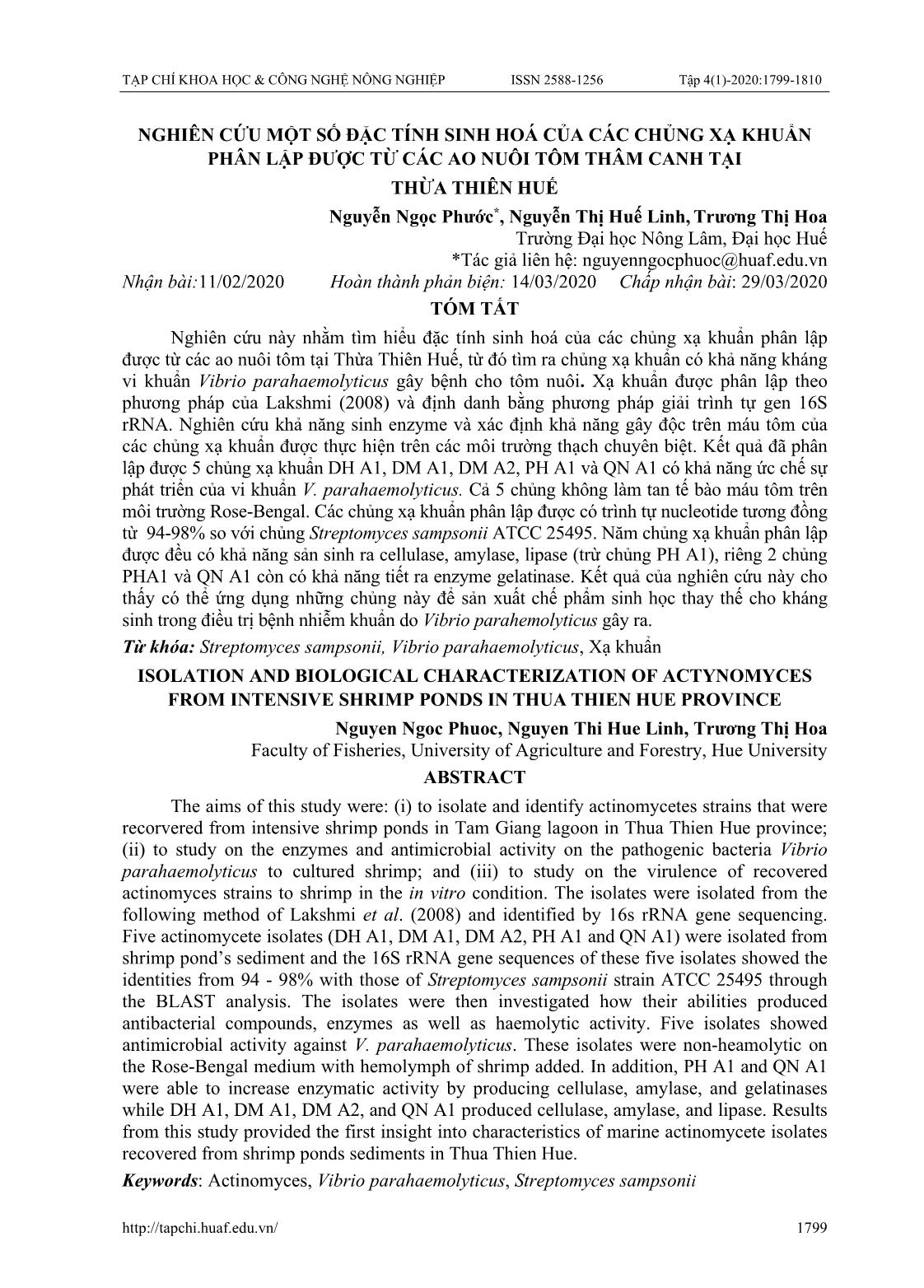 Nghiên cứu một số đặc tính sinh hoá của các chủng xạ khuẩn phân lập được từ các ao nuôi tôm thâm canh tại Thừa Thiên Huế trang 1