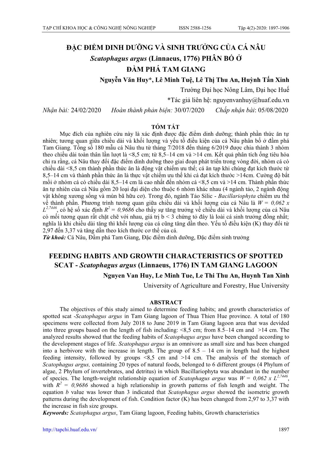 Đặc điểm dinh dưỡng và sinh trưởng của cá nâu Scatophagus argus (Linnaeus, 1776) phân bố ở đầm phá Tam Giang trang 1