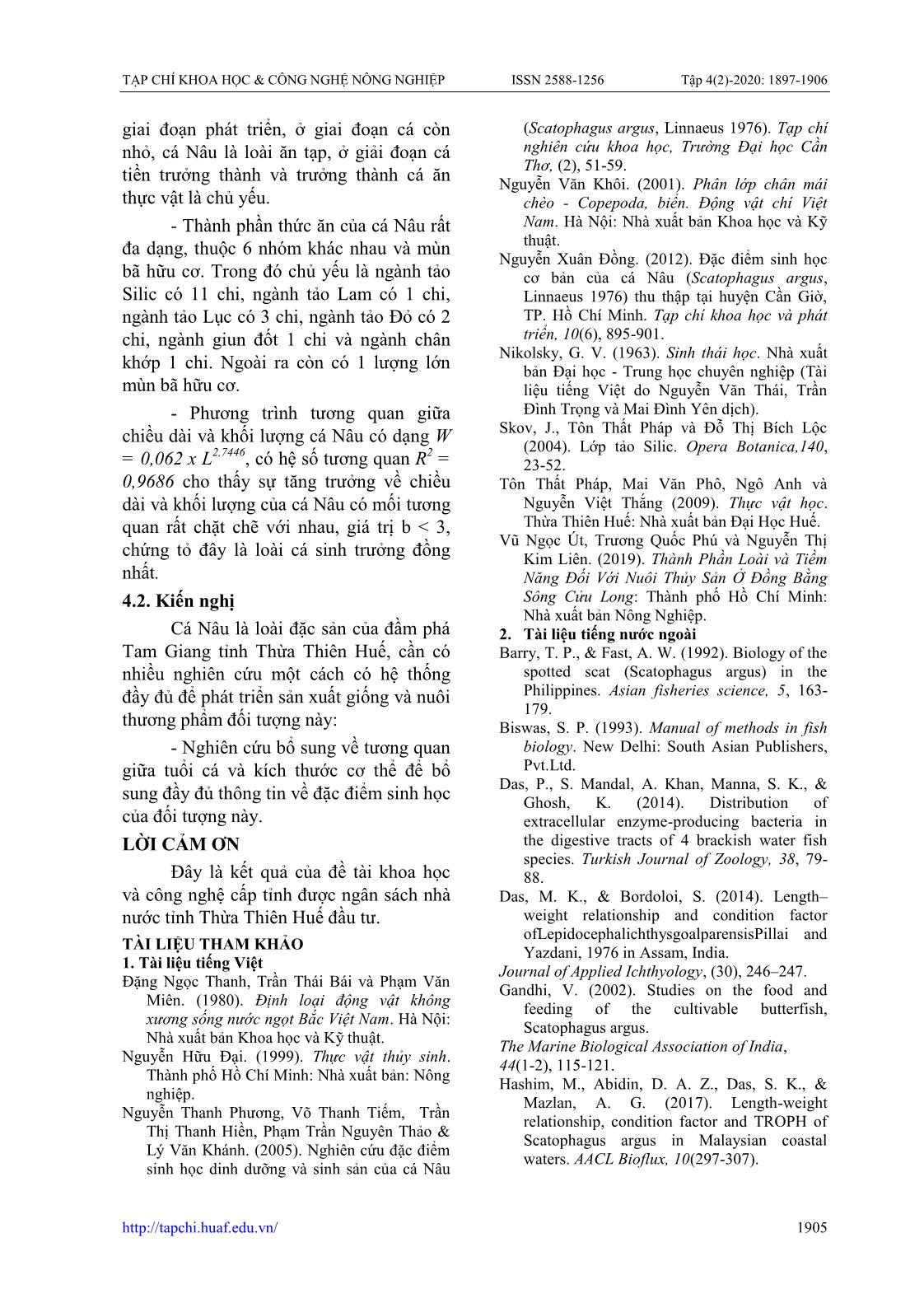 Đặc điểm dinh dưỡng và sinh trưởng của cá nâu Scatophagus argus (Linnaeus, 1776) phân bố ở đầm phá Tam Giang trang 9