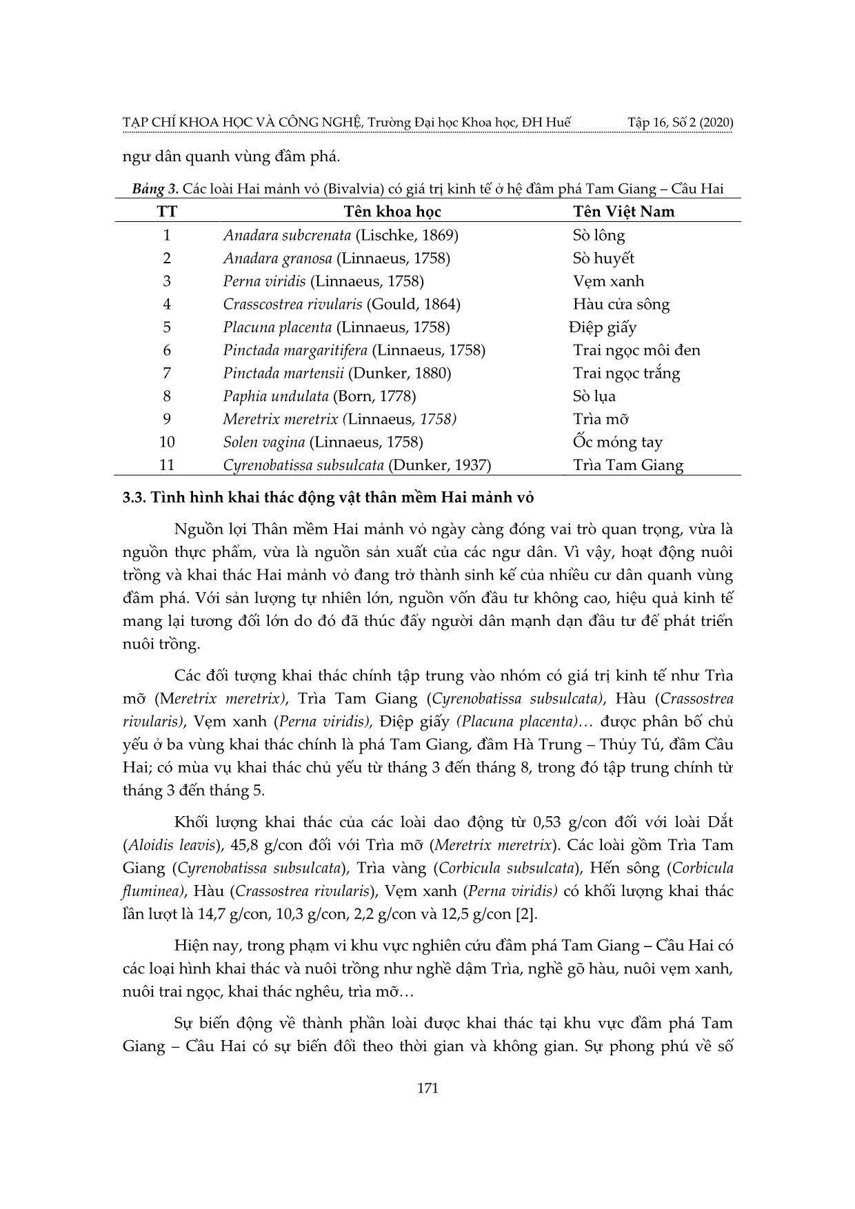 Thành phần loài và tình hình khai thác động vật thân mềm hai mảnh vỏ (Bivalvia) ở đầm phá Tam Giang – Cầu Hai, tỉnh Thừa Thiên Huế trang 5