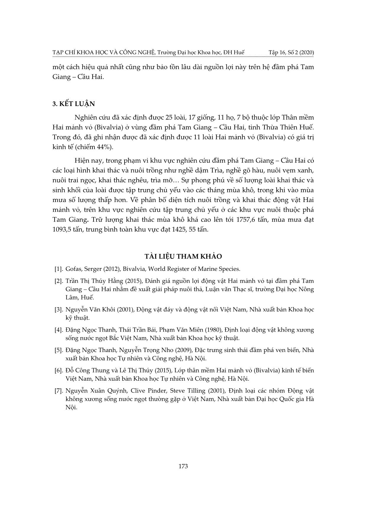 Thành phần loài và tình hình khai thác động vật thân mềm hai mảnh vỏ (Bivalvia) ở đầm phá Tam Giang – Cầu Hai, tỉnh Thừa Thiên Huế trang 7