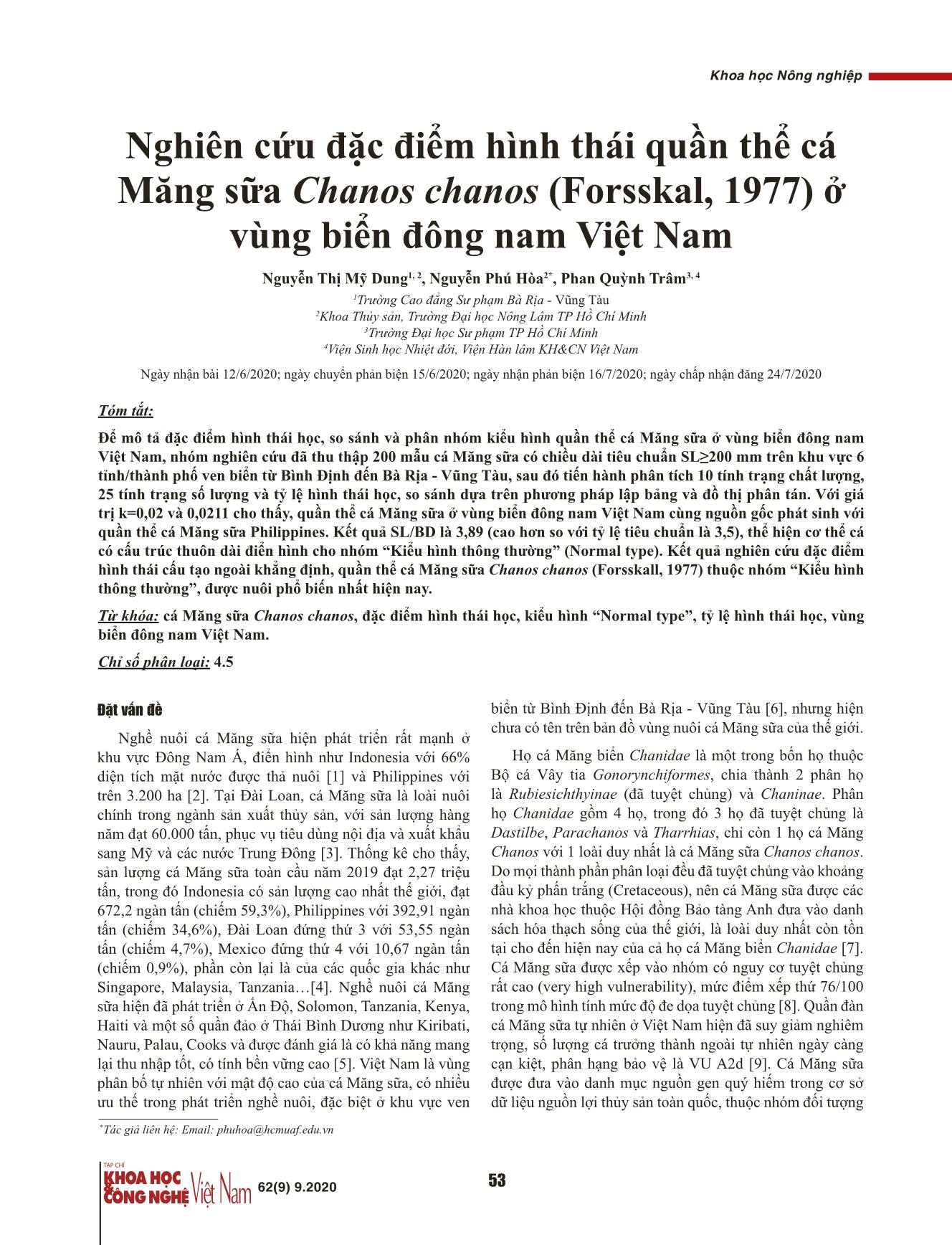 Nghiên cứu đặc điểm hình thái quần thể cá Măng sữa Chanos chanos (Forsskal, 1977) ở vùng biển Đông Nam Việt Nam trang 1