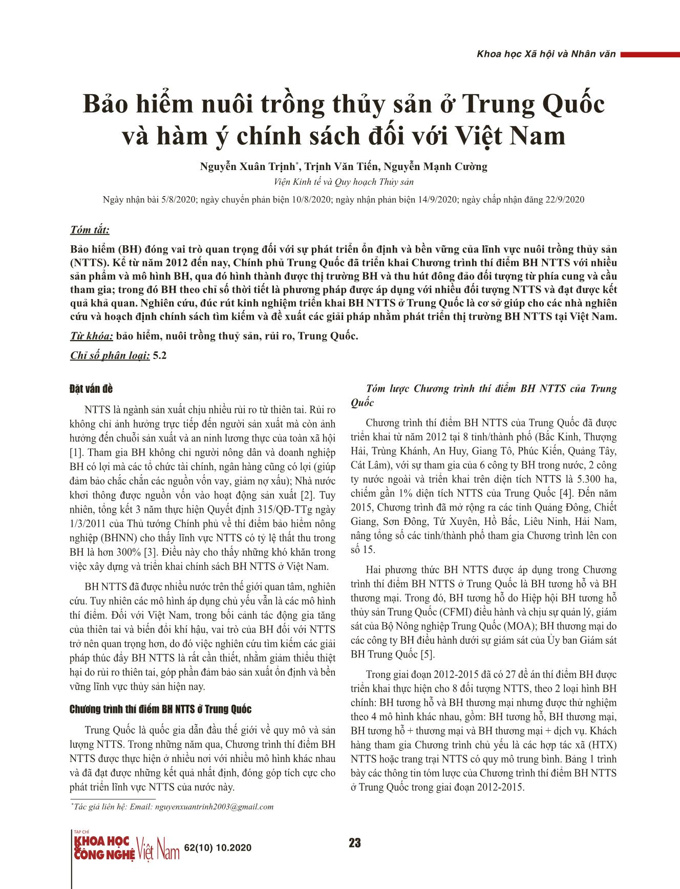 Bảo hiểm nuôi trồng thủy sản ở Trung Quốc và hàm ý chính sách đối với Việt Nam trang 1