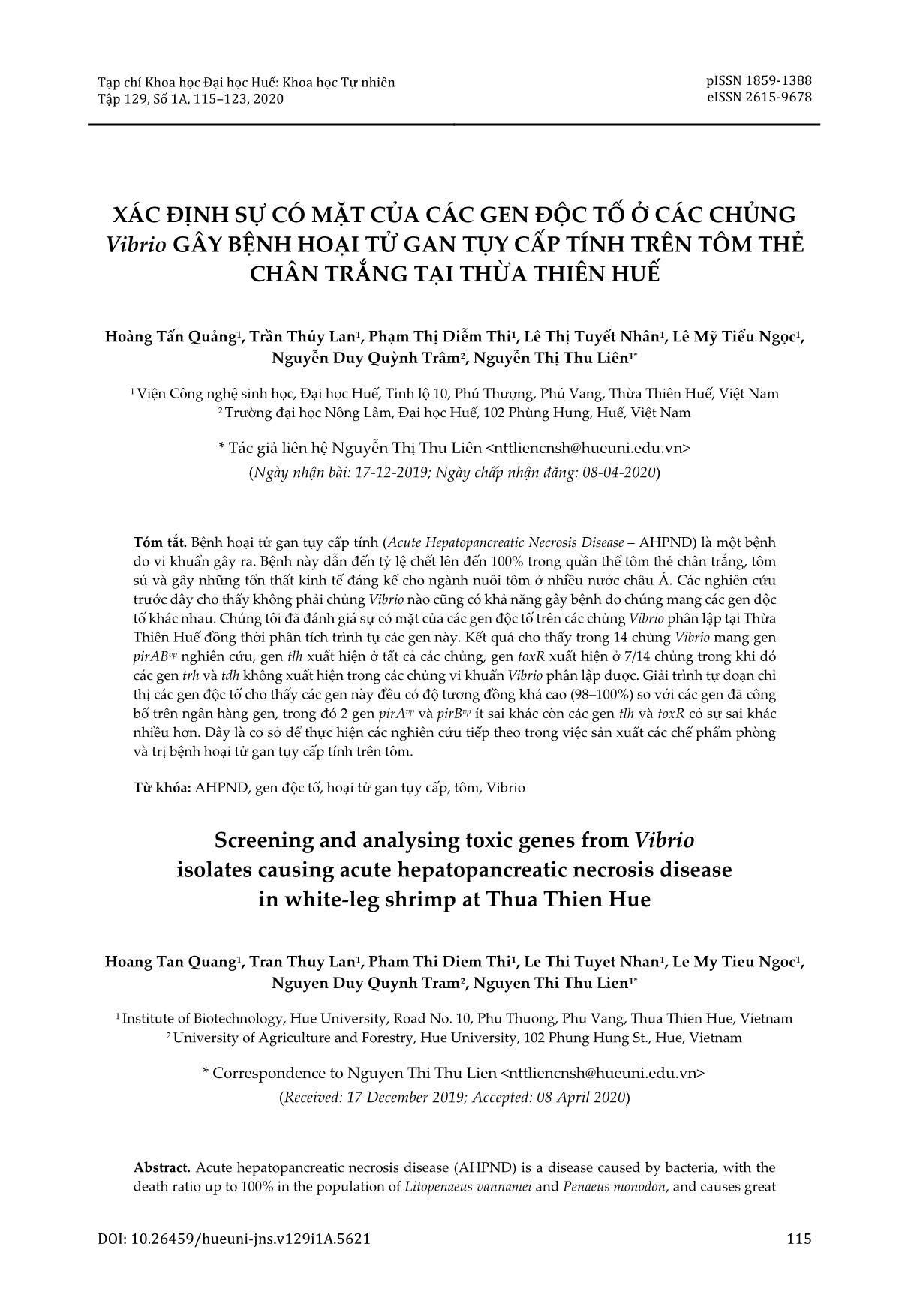 Xác định sự có mặt của các gen độc tố ở các chủng Vibrio gây bệnh hoại tử gan tụy cấp tính trên tôm thẻ chân trắng tại Thừa Thiên Huế trang 1