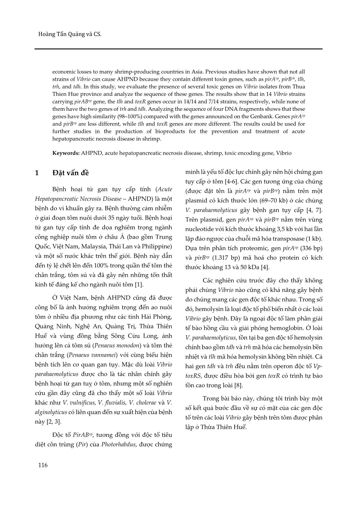 Xác định sự có mặt của các gen độc tố ở các chủng Vibrio gây bệnh hoại tử gan tụy cấp tính trên tôm thẻ chân trắng tại Thừa Thiên Huế trang 2