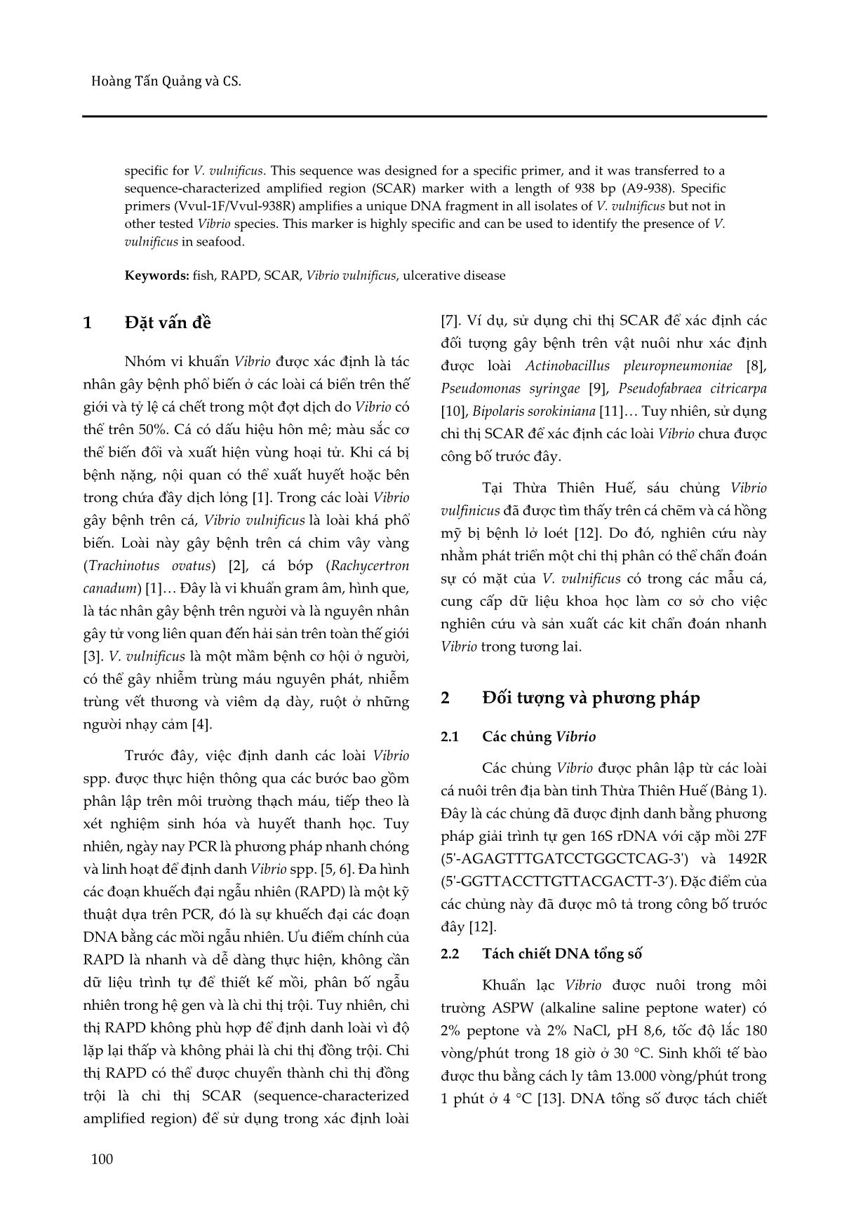 Phát triển chỉ thị phân tử SCAR nhận diện loài Vibrio vulnificus gây bệnh lở loét trên cá nuôi tại tỉnh Thừa Thiên Huế trang 2