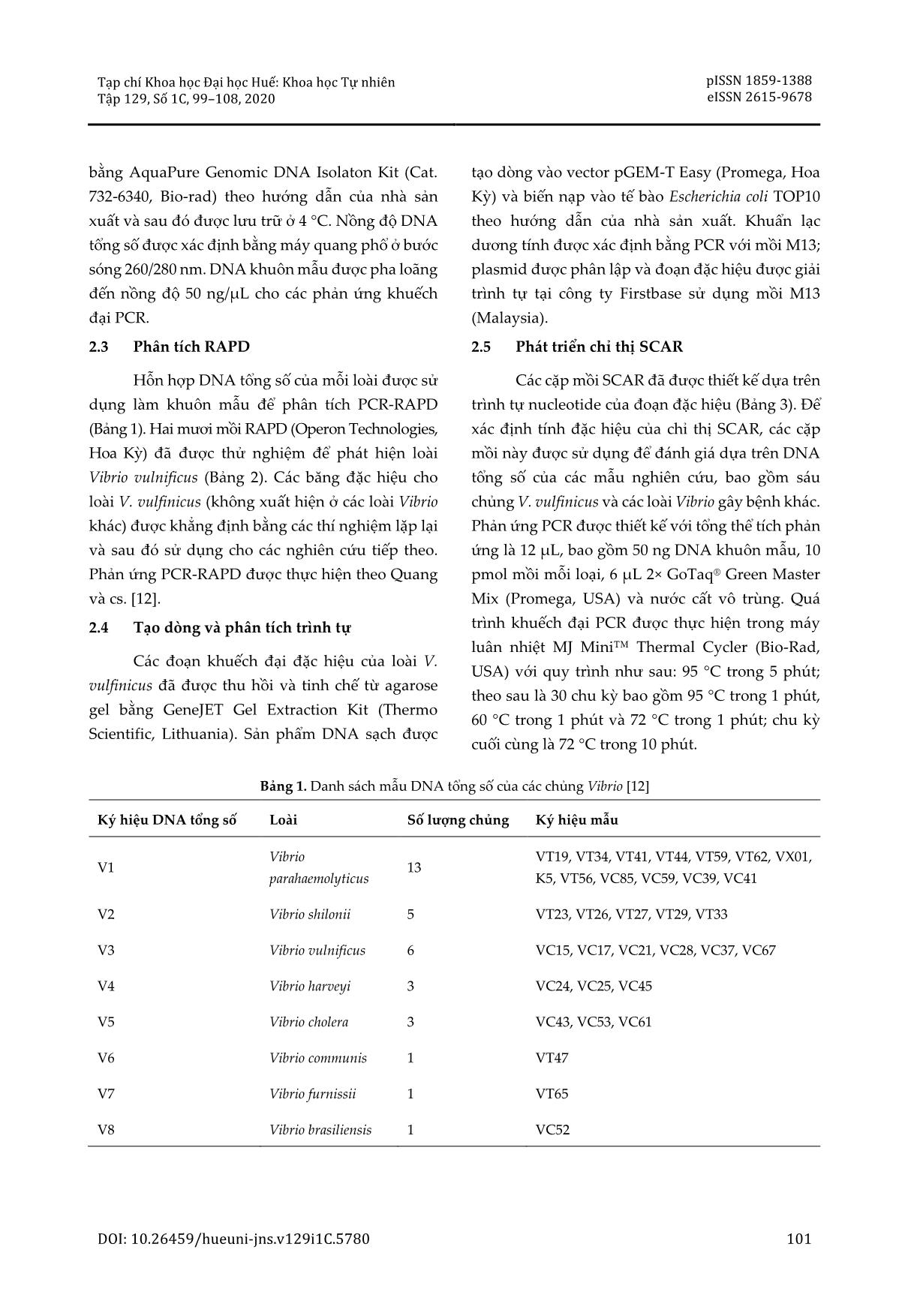 Phát triển chỉ thị phân tử SCAR nhận diện loài Vibrio vulnificus gây bệnh lở loét trên cá nuôi tại tỉnh Thừa Thiên Huế trang 3