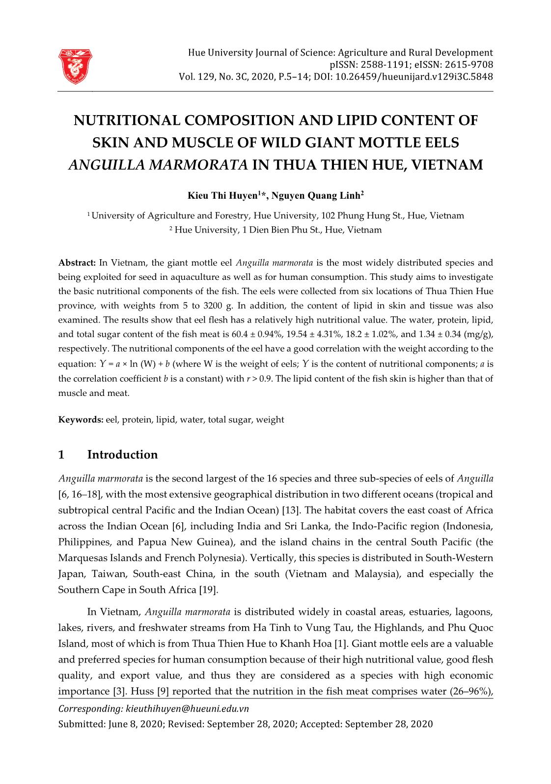 Nutritional composition and lipid content of skin and muscle of wild giant mottle eels anguilla marmorata in Thua Thien Hue, Vietnam trang 1