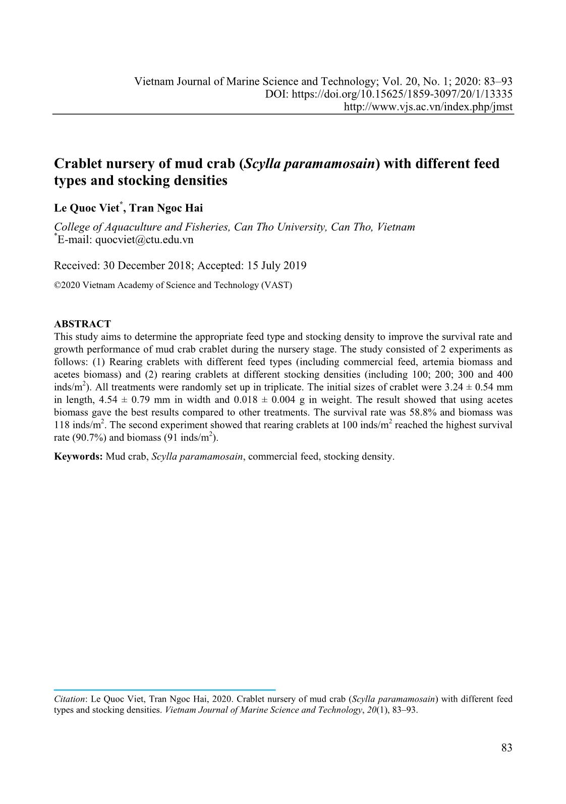 Crablet nursery of mud crab (Scylla paramamosain) with different feed types and stocking densities trang 1