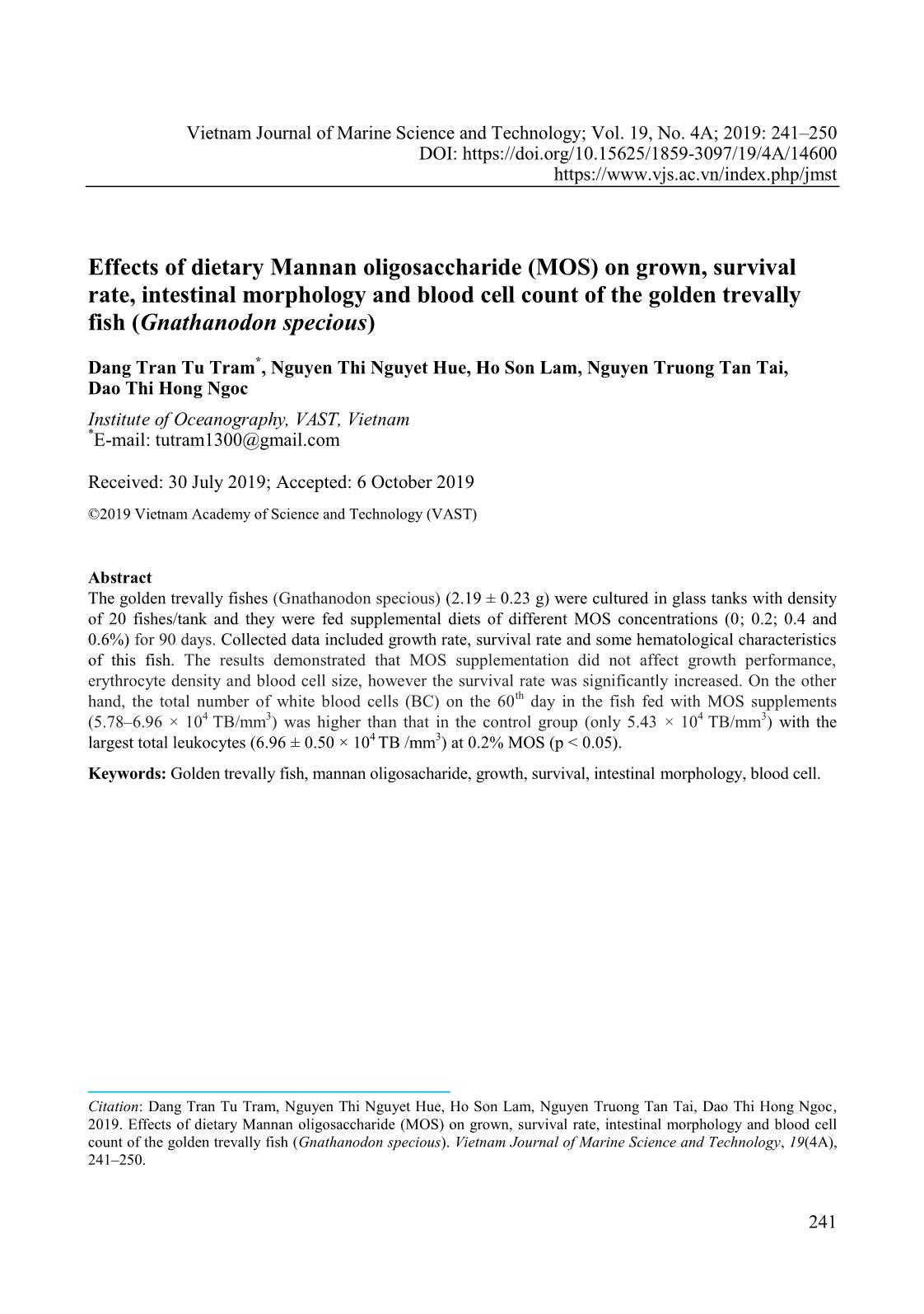 Effects of dietary Mannan oligosaccharide (MOS) on grown, survival rate, intestinal morphology and blood cell count of the golden trevally fish (Gnathanodon specious) trang 1