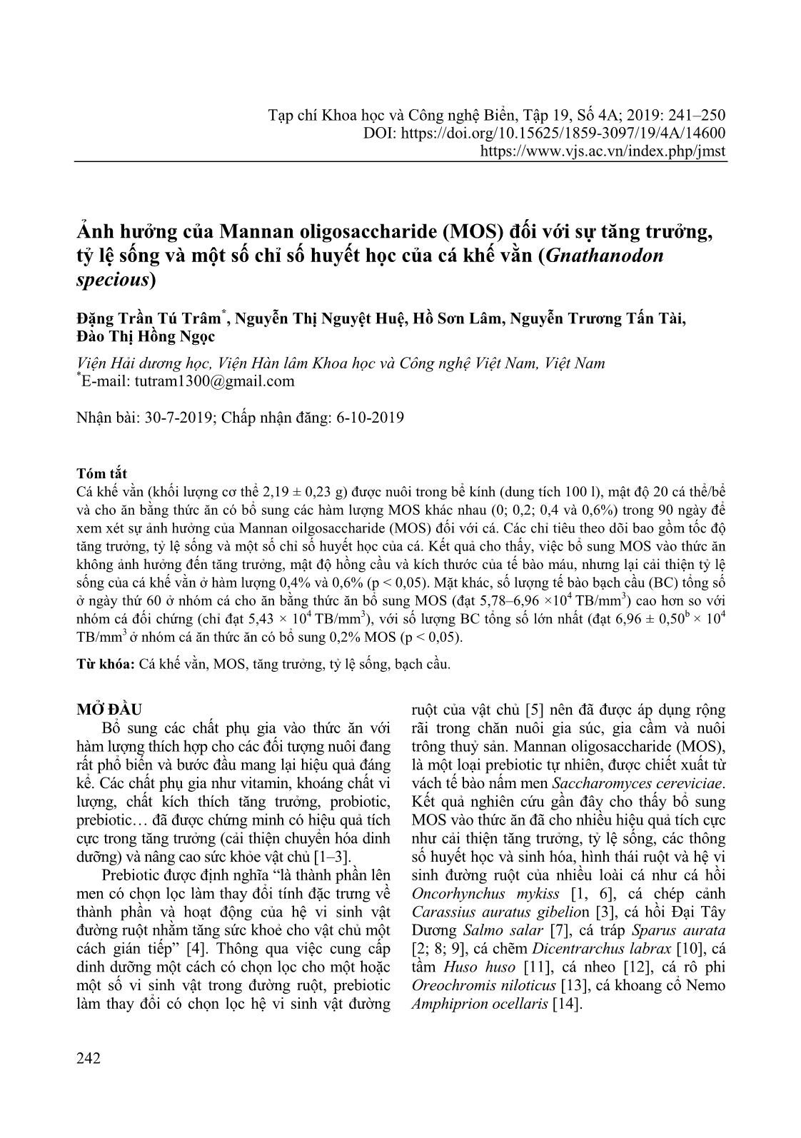 Effects of dietary Mannan oligosaccharide (MOS) on grown, survival rate, intestinal morphology and blood cell count of the golden trevally fish (Gnathanodon specious) trang 2