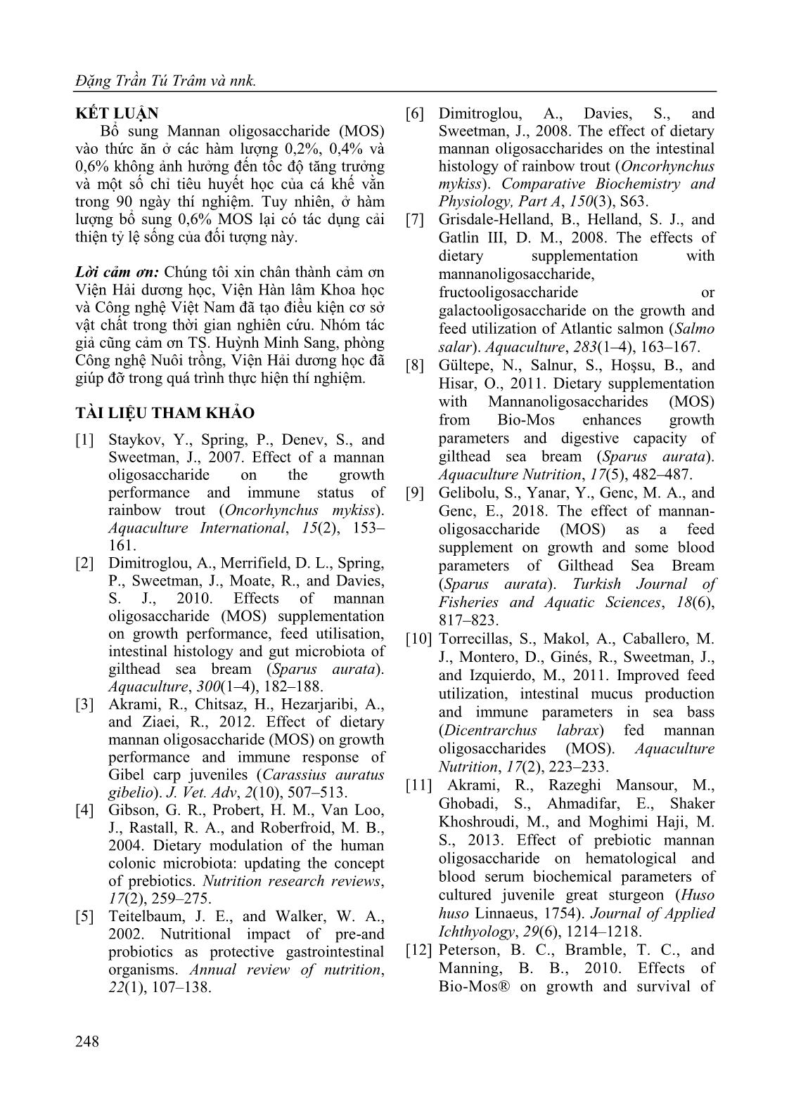 Effects of dietary Mannan oligosaccharide (MOS) on grown, survival rate, intestinal morphology and blood cell count of the golden trevally fish (Gnathanodon specious) trang 8