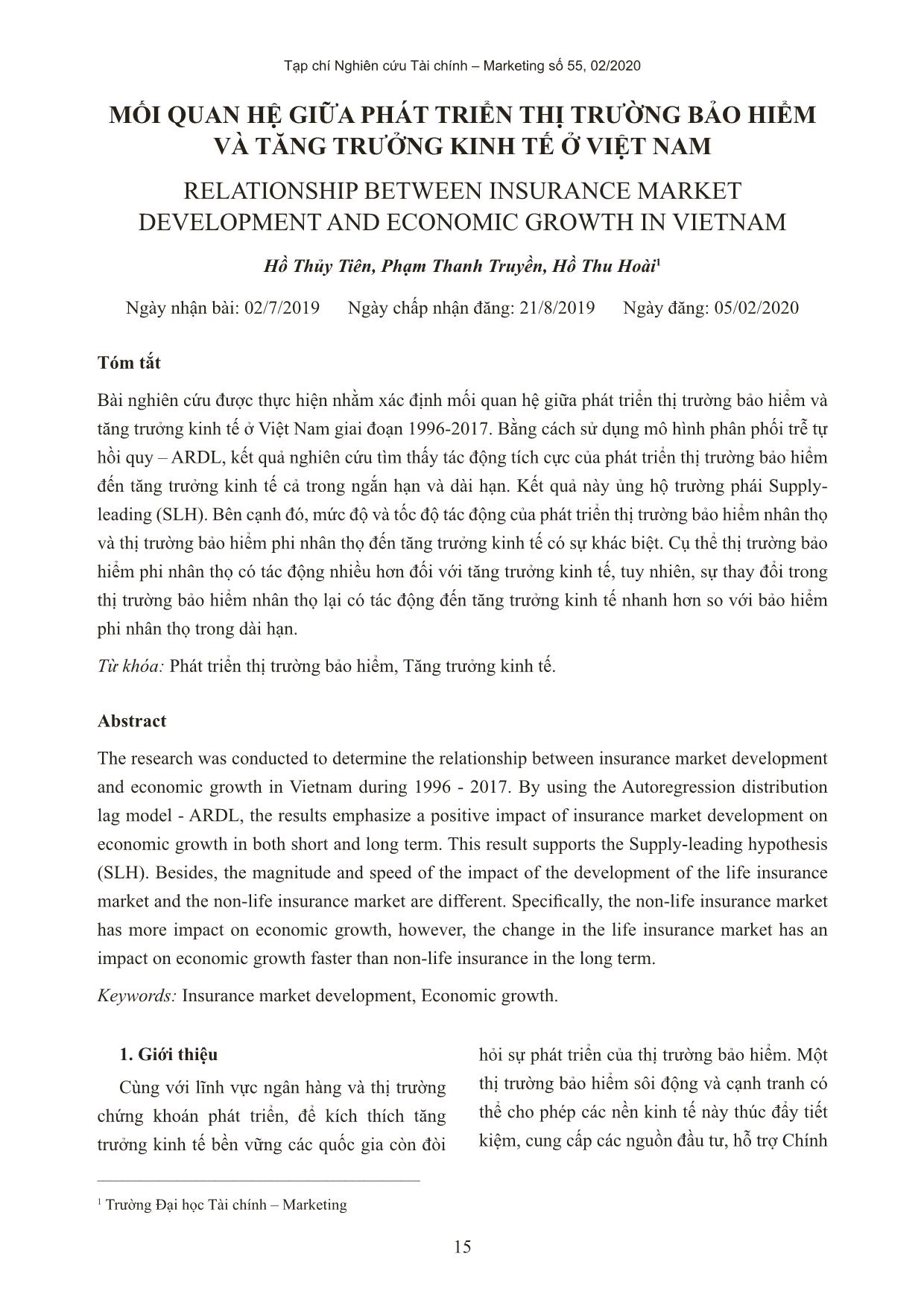 Mối quan hệ giữa phát triển thị trường bảo hiểm và tăng trưởng kinh tế ở Việt Nam trang 1