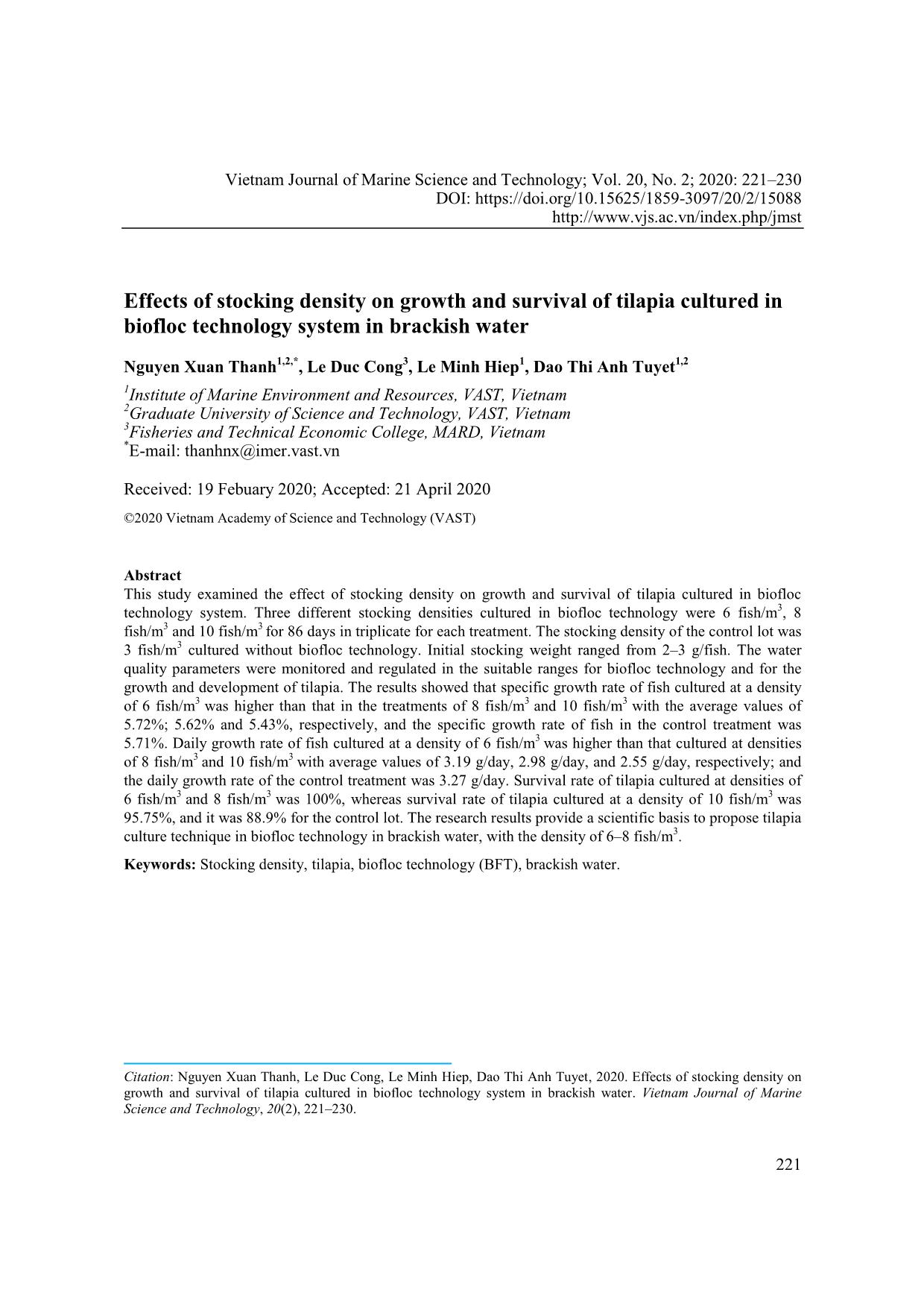 Effects of stocking density on growth and survival of tilapia cultured in biofloc technology system in brackish water trang 1