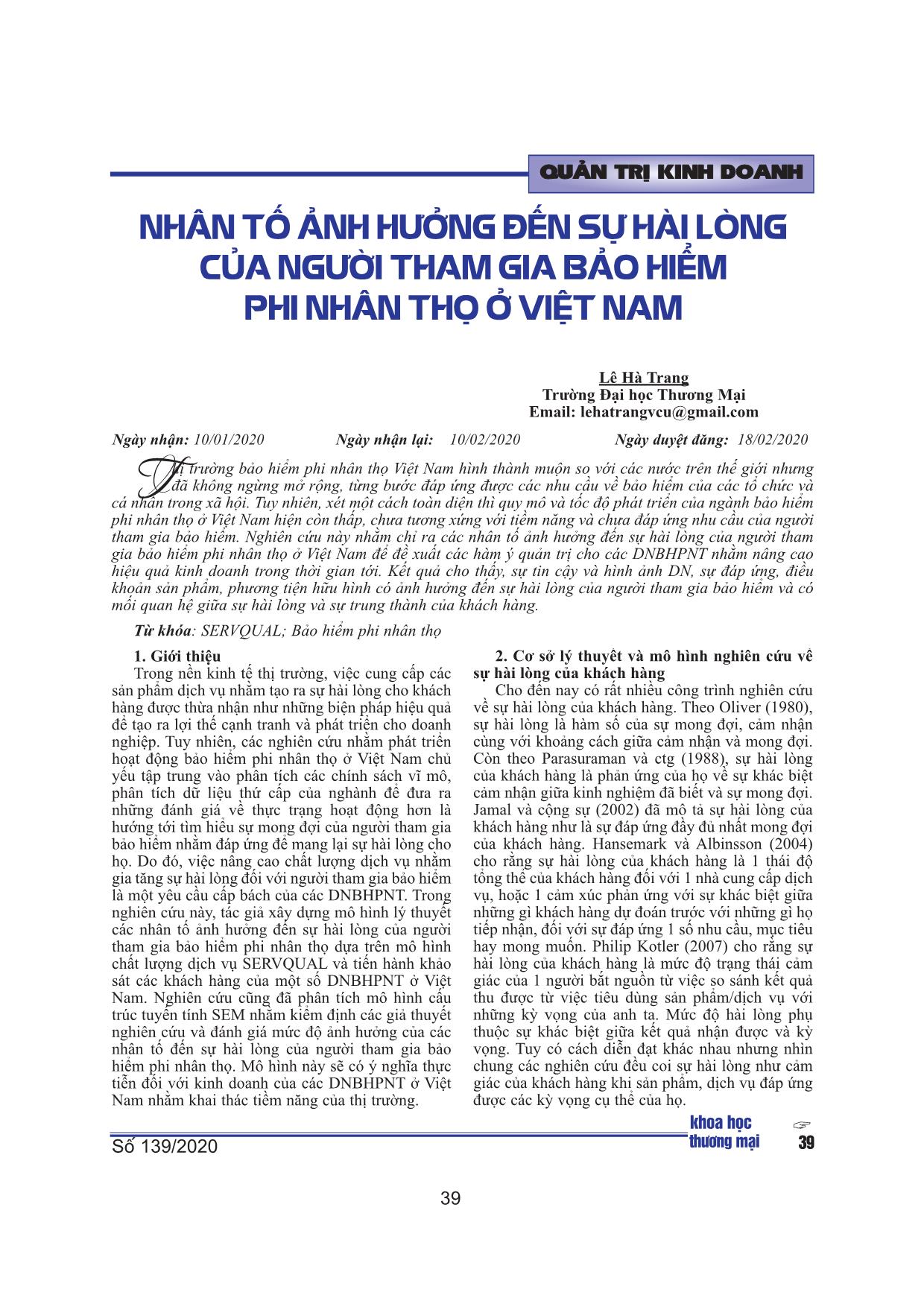 Nhân tố ảnh hưởng đến sự hài lòng của người tham gia bảo hiểm phi nhân thọ ở Việt Nam trang 2