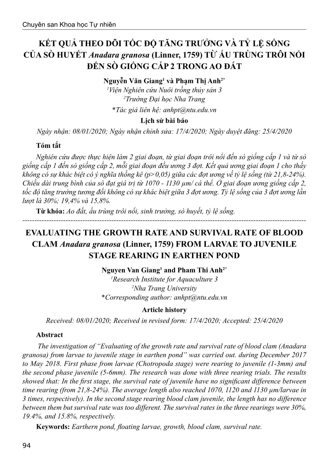 Kết quả theo dõi tốc độ tăng trưởng và tỷ lệ sống của sò huyết Anadara granosa (Linner, 1759) từ ấu trùng trôi nổi đến sò giống cấp 2 trong ao đất trang 1