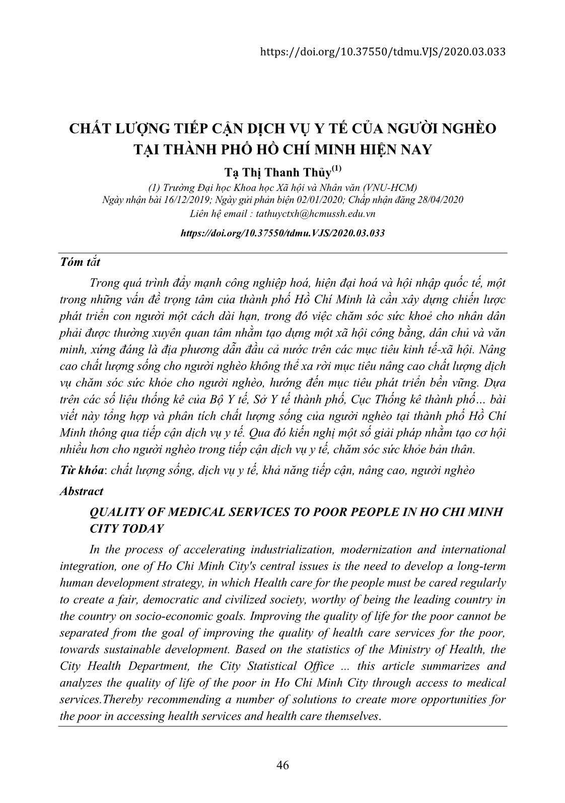 Chất lượng tiếp cận dịch vụ y tế của người nghèo tại thành phố Hồ Chí Minh hiện nay trang 1