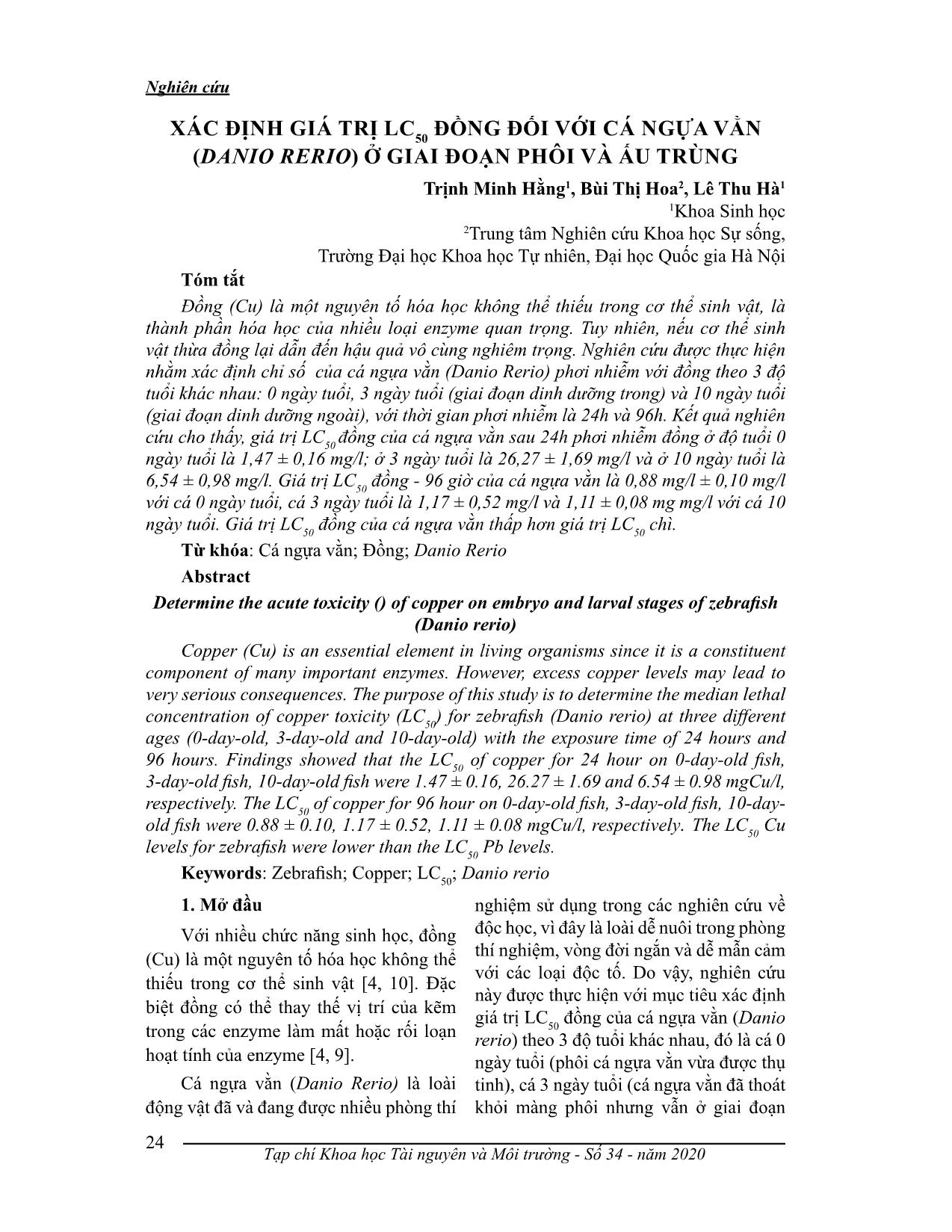 Xác định giá trị LC50 đồng đối với cá ngựa vằn (Danio rerio) ở giai đoạn phối và ấu trùng trang 1