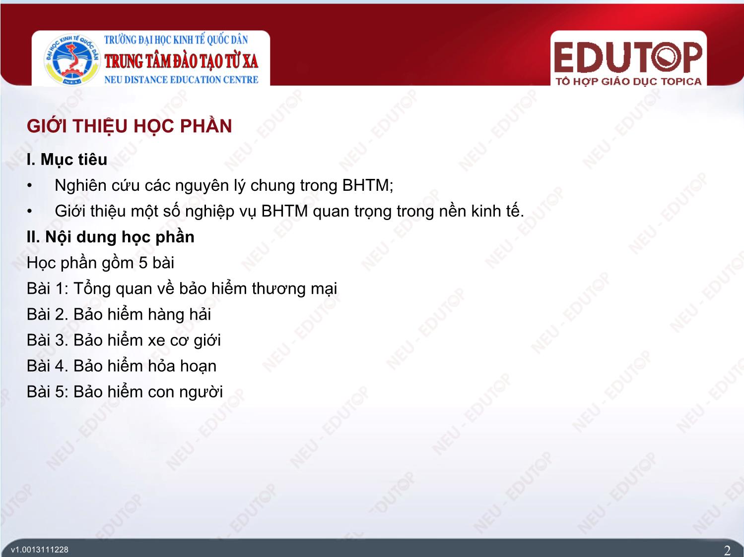 Bài giảng Bảo hiểm thương mại - Bài 1: Tổng quan về bảo hiểm thương mại - Nguyễn Thị Lệ Huyền trang 2