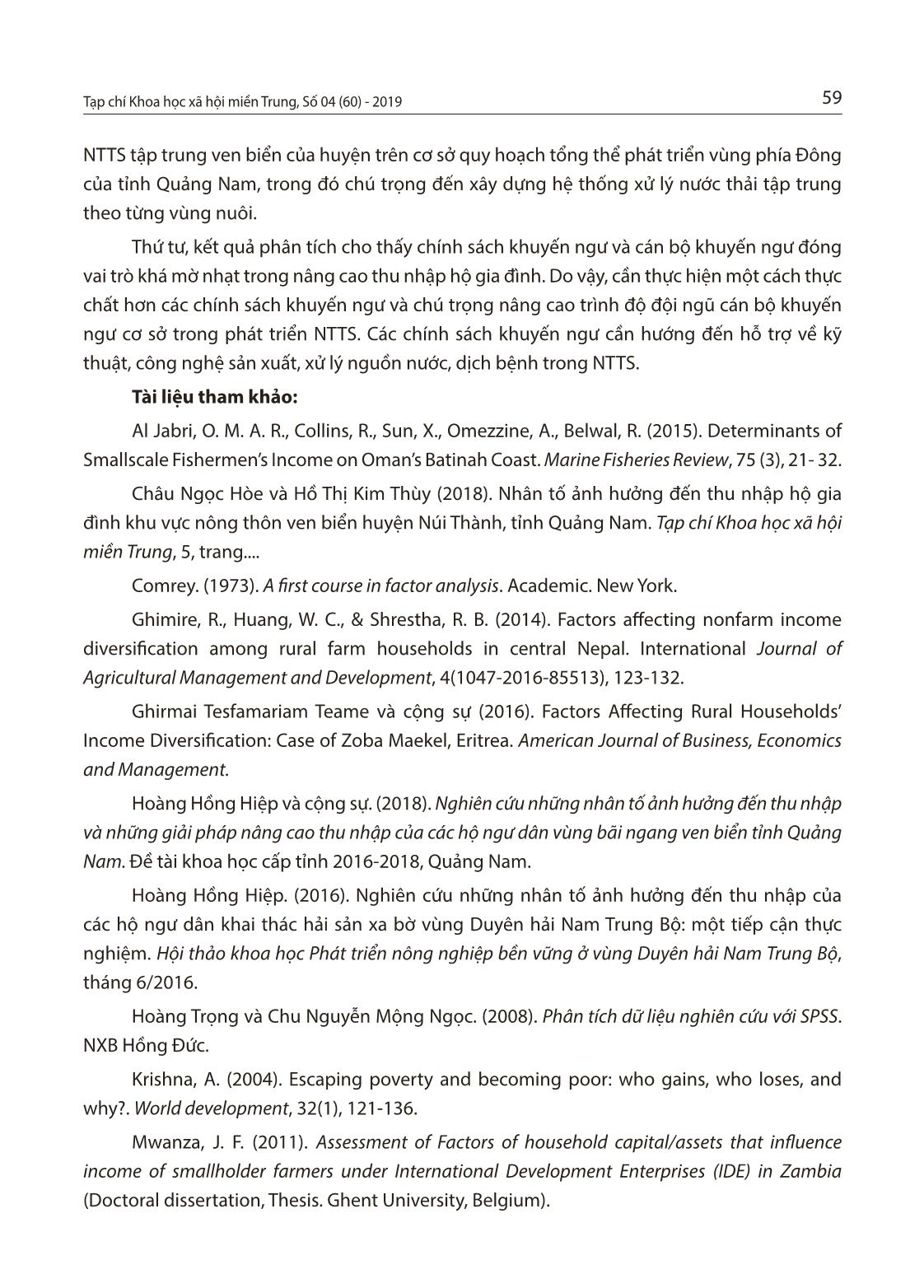 Nhân tố ảnh hưởng đến thu nhập hộ gia đình nuôi trồng thủy sản ven biển huyện Thăng Bình, tỉnh Quảng Nam trang 10