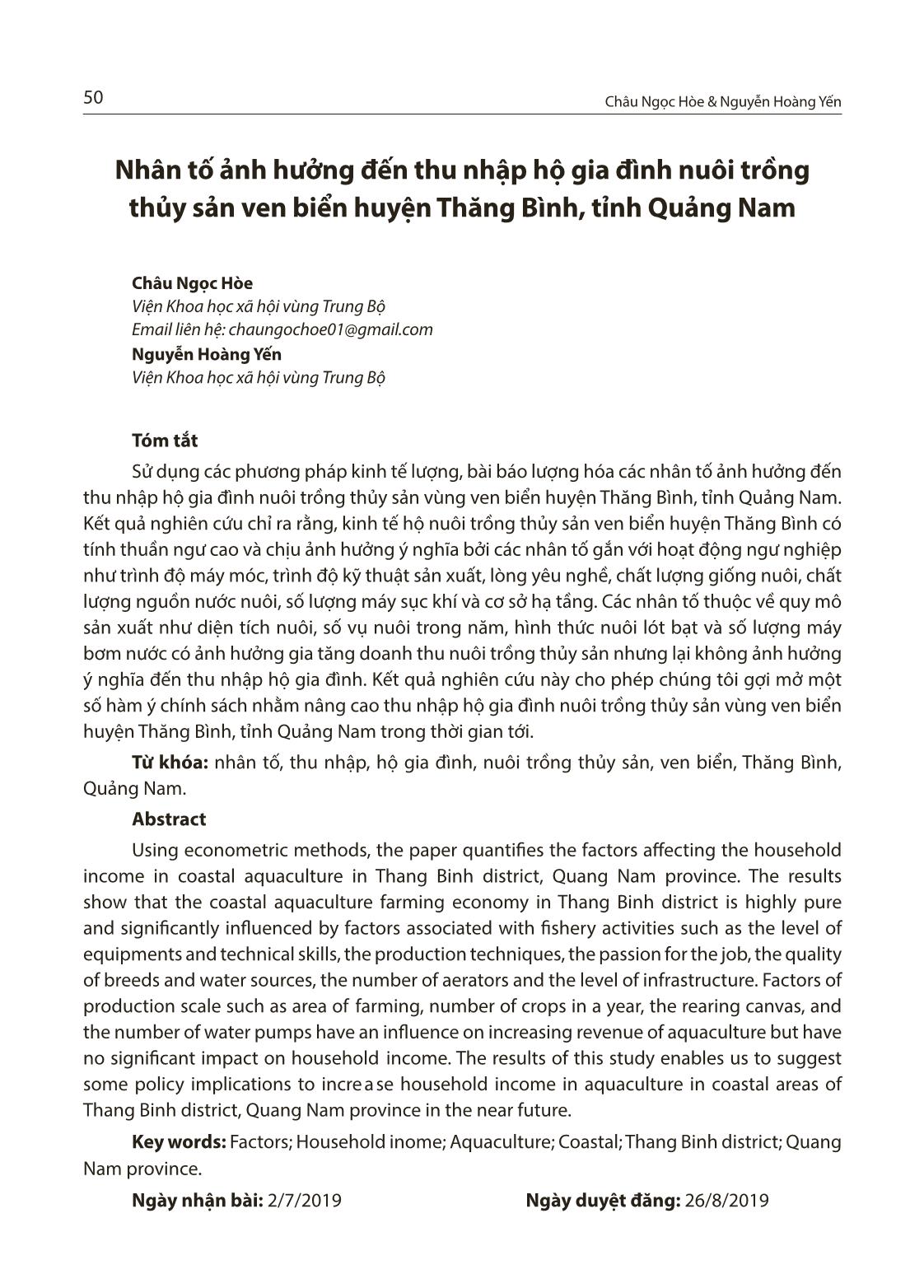 Nhân tố ảnh hưởng đến thu nhập hộ gia đình nuôi trồng thủy sản ven biển huyện Thăng Bình, tỉnh Quảng Nam trang 1