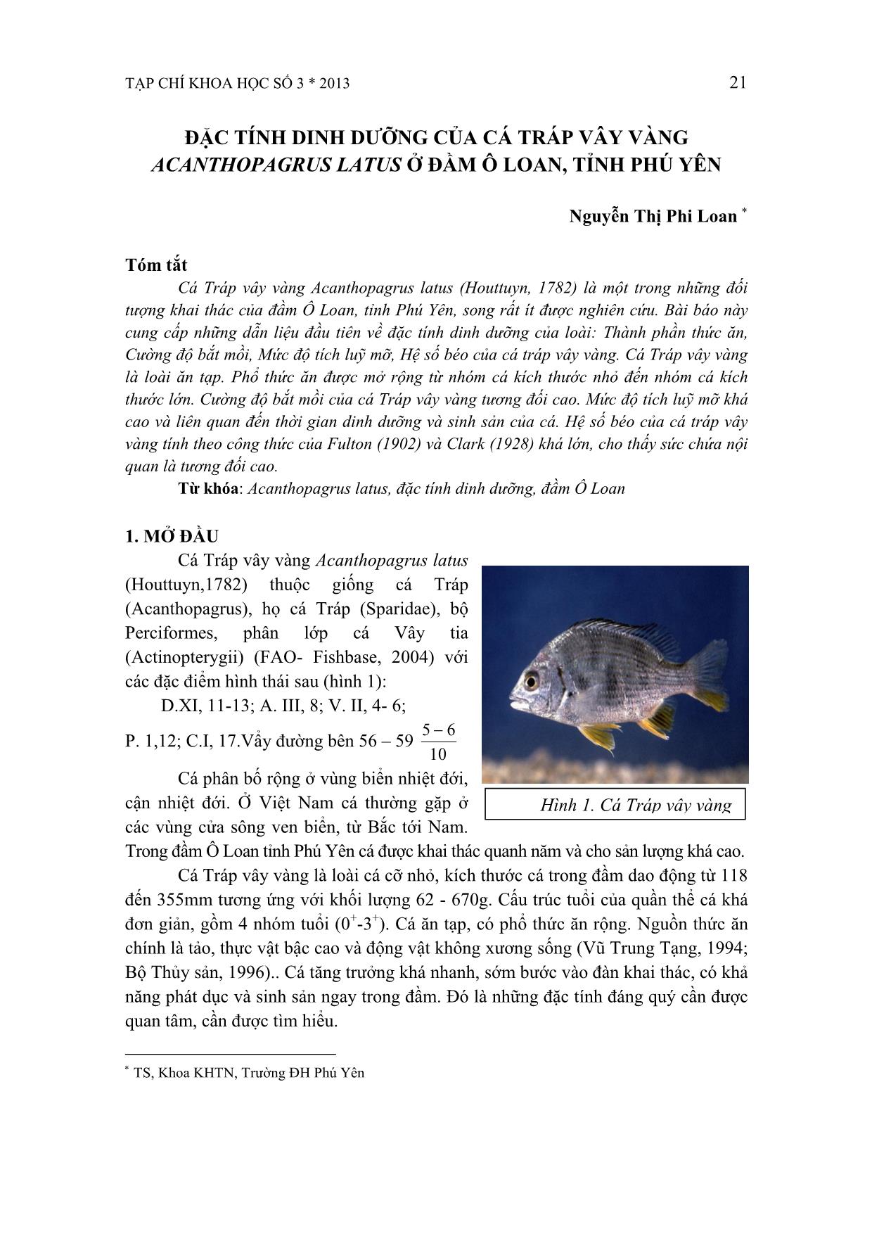 Đặc tính dinh dưỡng của cá tráp vây vàng Acanthopagrus latus ở đầm Ô Loan, tỉnh Phú Yên trang 1