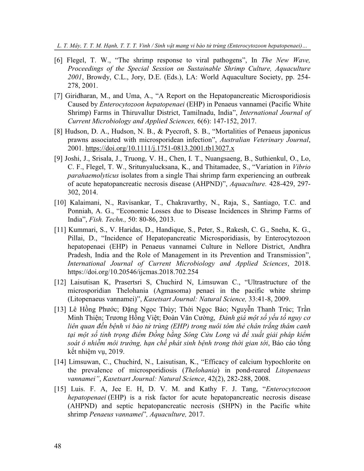 Sinh vật mang vi bào tử trùng Enterocytozoon hepatopenaei và một số yếu tố ảnh hưởng đến bệnh vi bào tử trùng ở tôm nuôi nước lợ trang 6