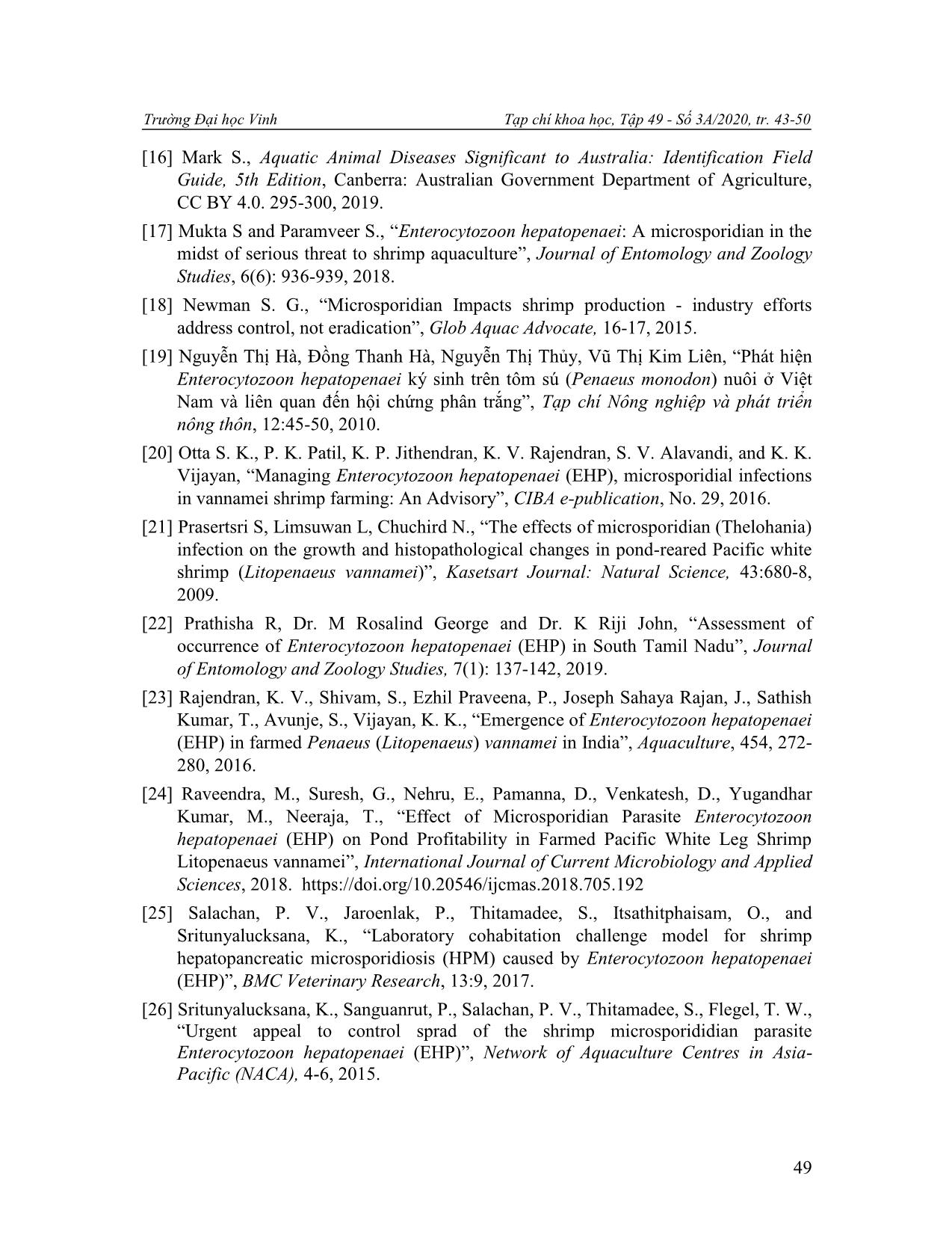 Sinh vật mang vi bào tử trùng Enterocytozoon hepatopenaei và một số yếu tố ảnh hưởng đến bệnh vi bào tử trùng ở tôm nuôi nước lợ trang 7