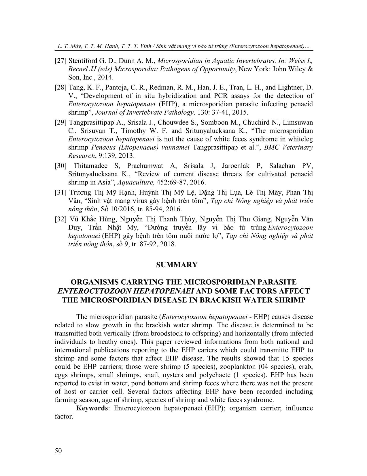 Sinh vật mang vi bào tử trùng Enterocytozoon hepatopenaei và một số yếu tố ảnh hưởng đến bệnh vi bào tử trùng ở tôm nuôi nước lợ trang 8