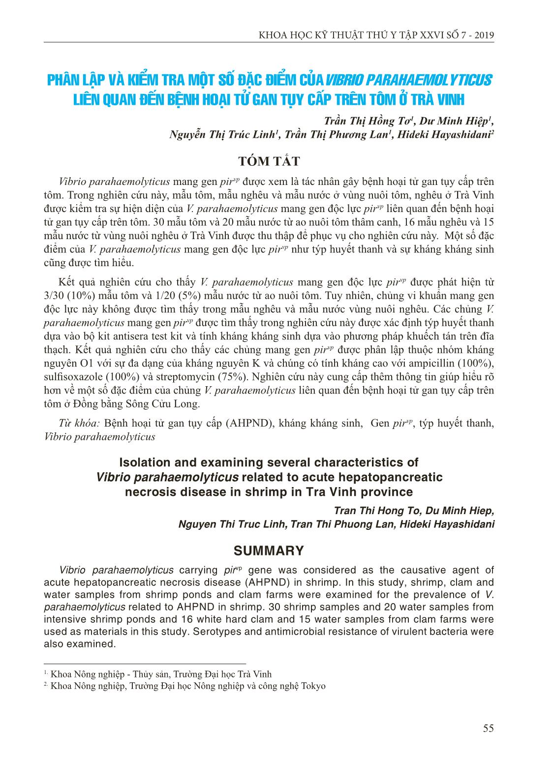 Phân lập và kiểm tra một số đặc điểm của Vibrio parahaemolyticus liên quan đến bệnh hoại tử gan tụy cấp trên tôm ở Trà Vinh trang 1