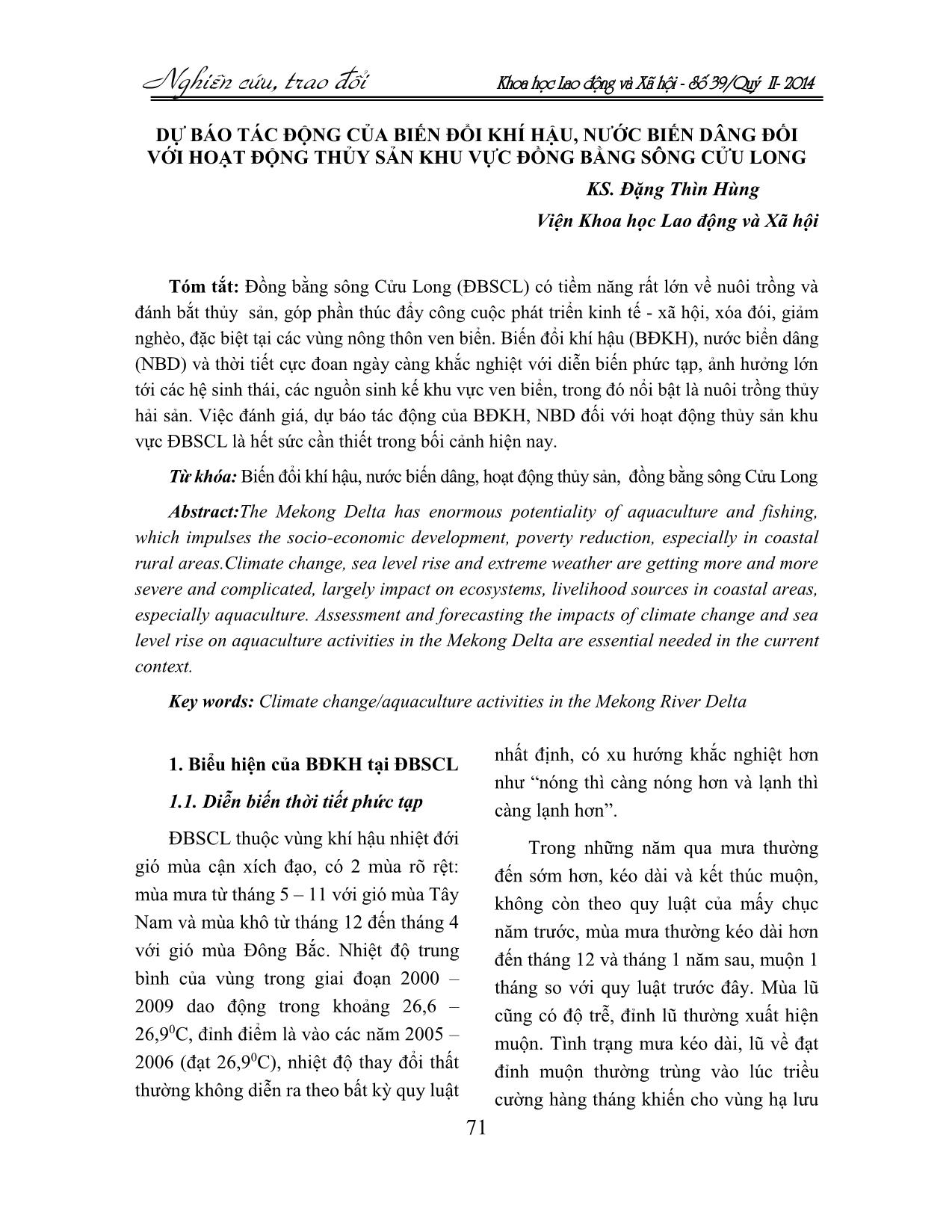 Dự báo tác động của biến đổi khí hậu, nước biến dâng đối với hoạt động thủy sản khu vực đồng bằng sông Cửu Long trang 1