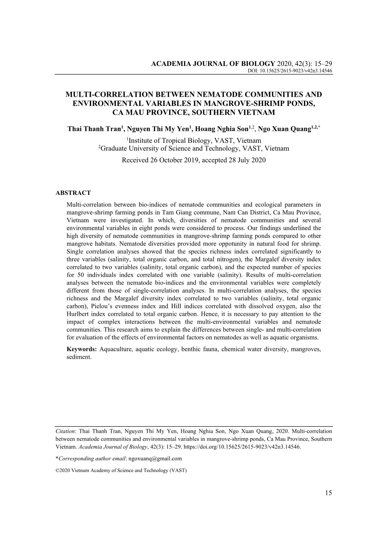 Multi-correlation between nematode communities and environmental variables in mangrove-shrimp ponds, Ca Mau province, Southern Vietnam trang 1