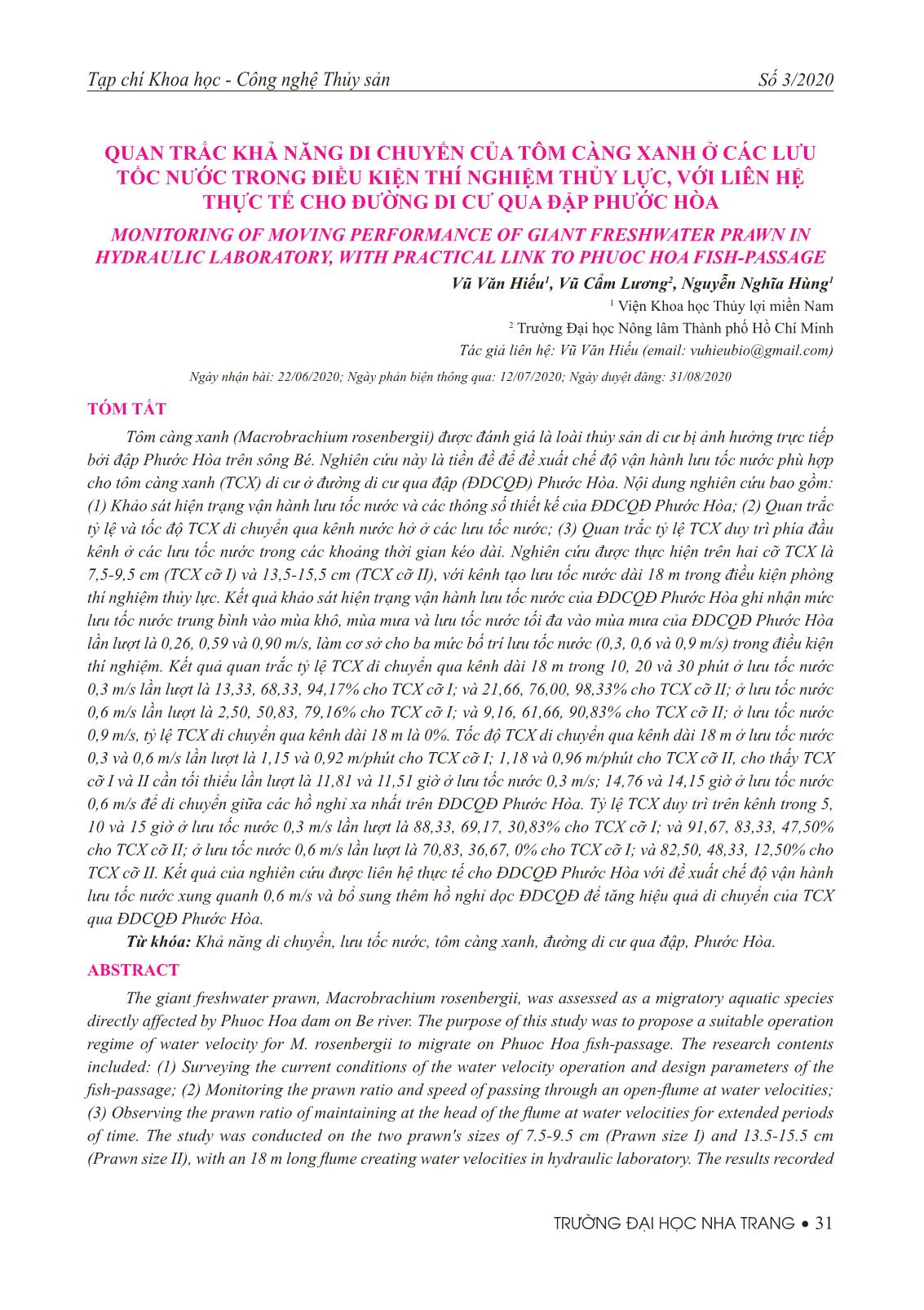 Quan trắc khả năng di chuyển của tôm càng xanh ở các lưu tốc nước trong điều kiện thí nghiệm thủy lực, với liên hệ thực tế cho đường di cư qua đập Phước Hòa trang 1