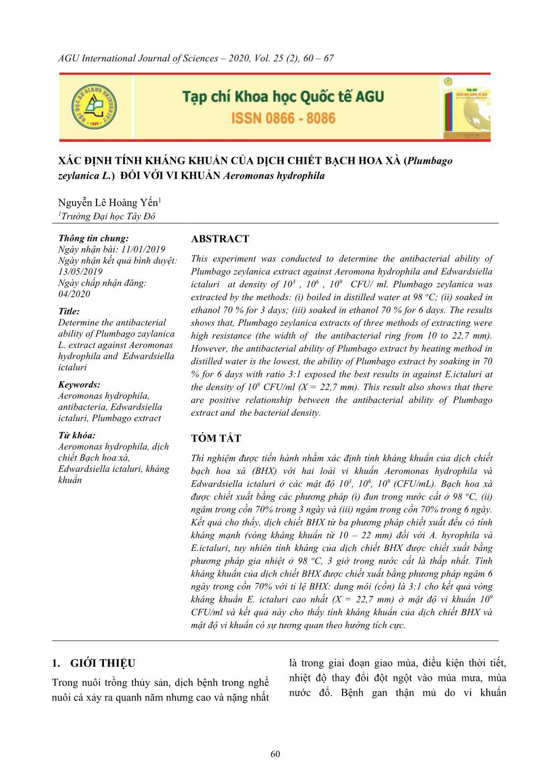 Xác định tính kháng khuẩn của dịch chiết bạch hoa xà (Plumbago zeylanica L.) đối với vi khuẩn Aeromonas hydrophila trang 1