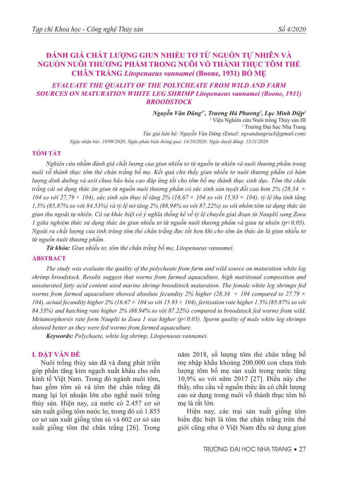 Đánh giá chất lượng giun nhiều tơ từ nguồn tự nhiên và nguồn nuôi thương phẩm trong nuôi vỗ thành thục tôm thẻ chân trắng Litopenaeus vannamei (Boone, 1931) bố mẹ trang 1