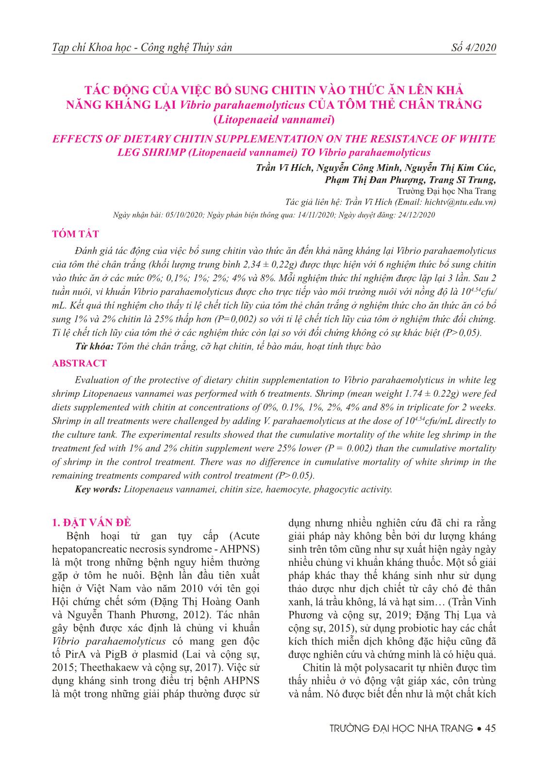 Tác động của việc bổ sung chitin vào thức ăn lên khả năng kháng lại Vibrio parahaemolyticus của tôm thẻ chân trắng (Litopenaeid vannamei) trang 1