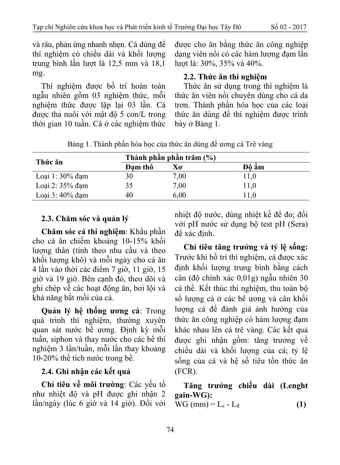 Ảnh hưởng của thức ăn có hàm lượng đạm khác nhau lên tăng trưởng và tỷ lệ sống của cá trê vàng (Clarias macrocephalus) giai đoạn cá bột lên cá giống trang 3