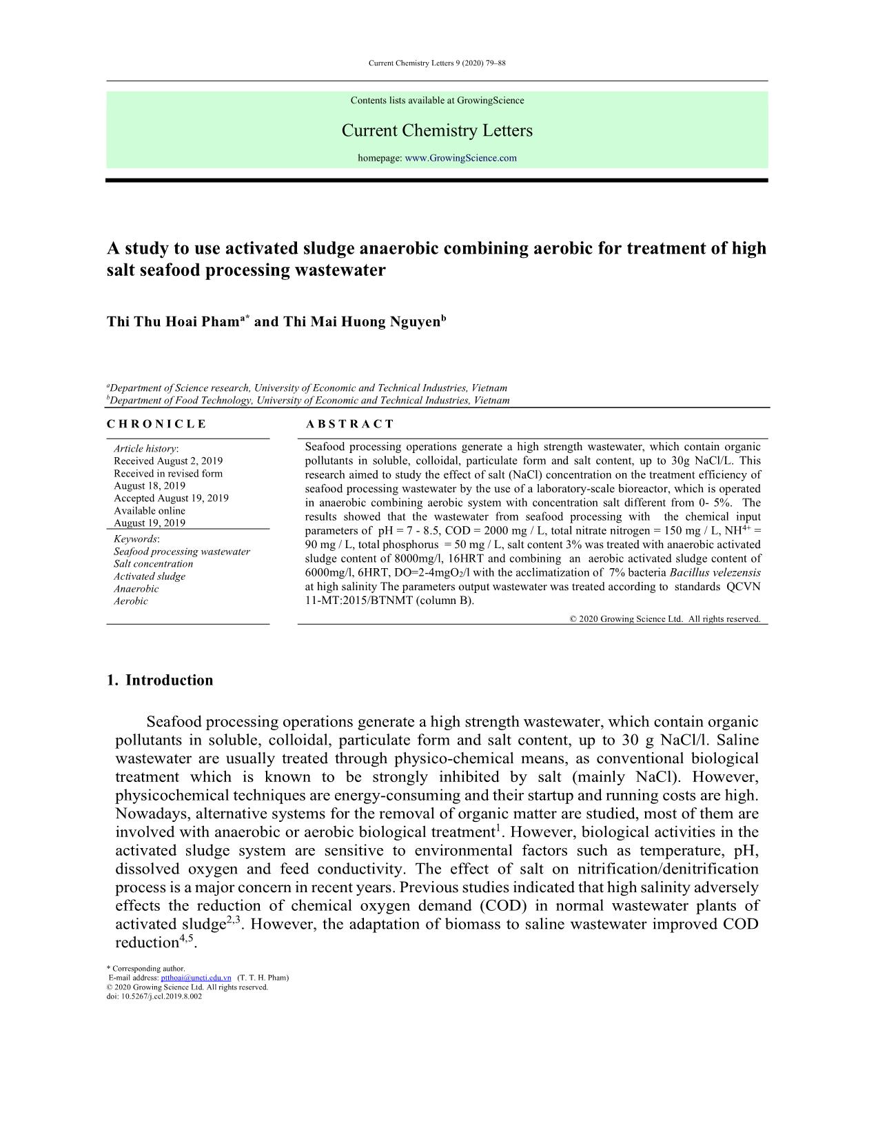 A study to use activated sludge anaerobic combining aerobic for treatment of high salt seafood processing wastewater trang 1