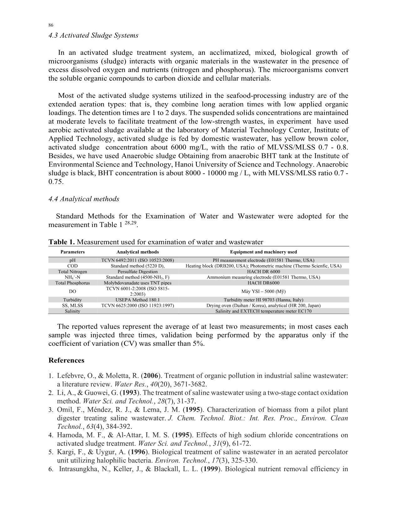 A study to use activated sludge anaerobic combining aerobic for treatment of high salt seafood processing wastewater trang 8