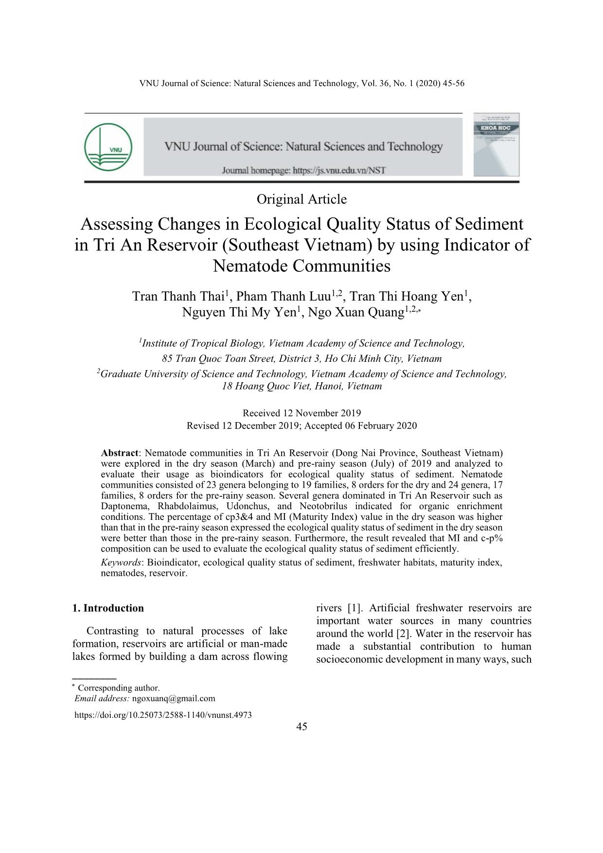 Assessing changes in ecological quality status of sediment in Tri An reservoir (Southeast Vietnam) by using indicator of nematode communities trang 1
